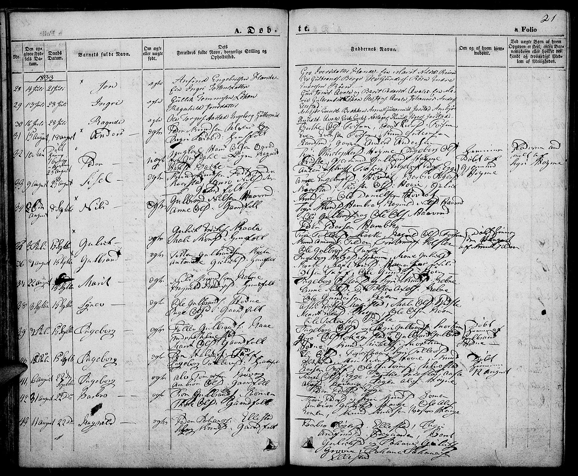 Slidre prestekontor, SAH/PREST-134/H/Ha/Haa/L0003: Parish register (official) no. 3, 1831-1843, p. 21