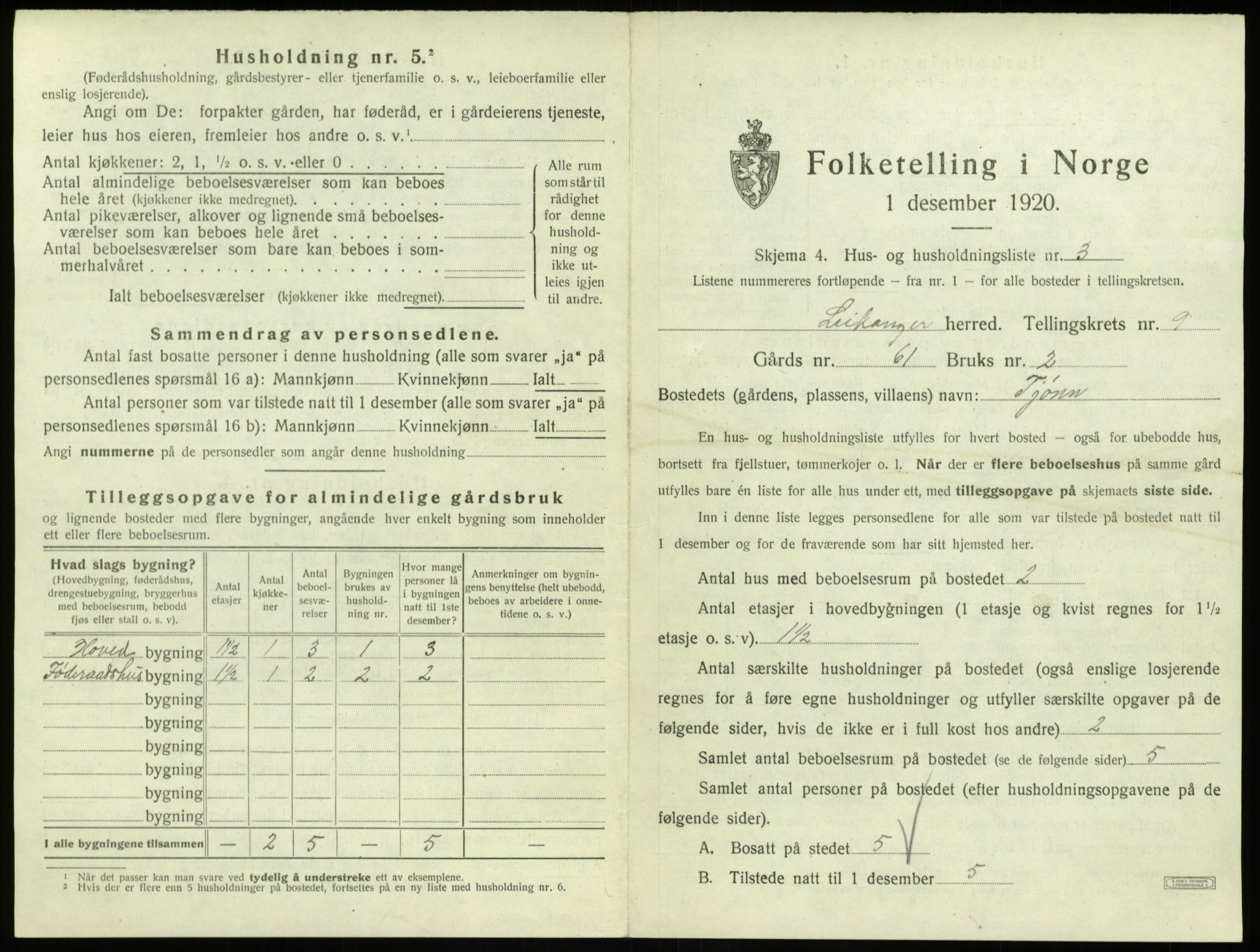 SAB, 1920 census for Leikanger, 1920, p. 866