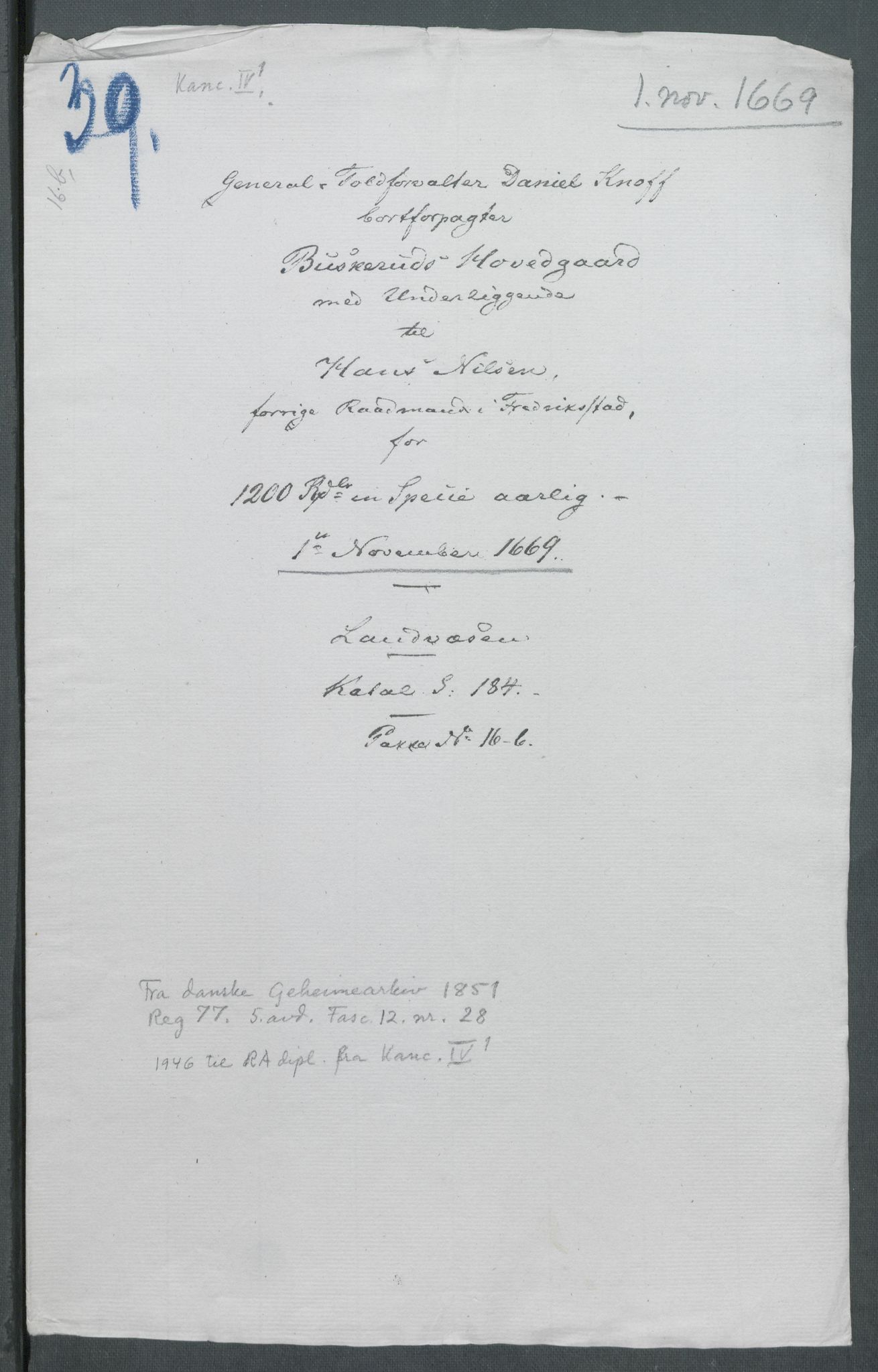 Riksarkivets diplomsamling, AV/RA-EA-5965/F02/L0171: Dokumenter, 1667-1670, p. 185