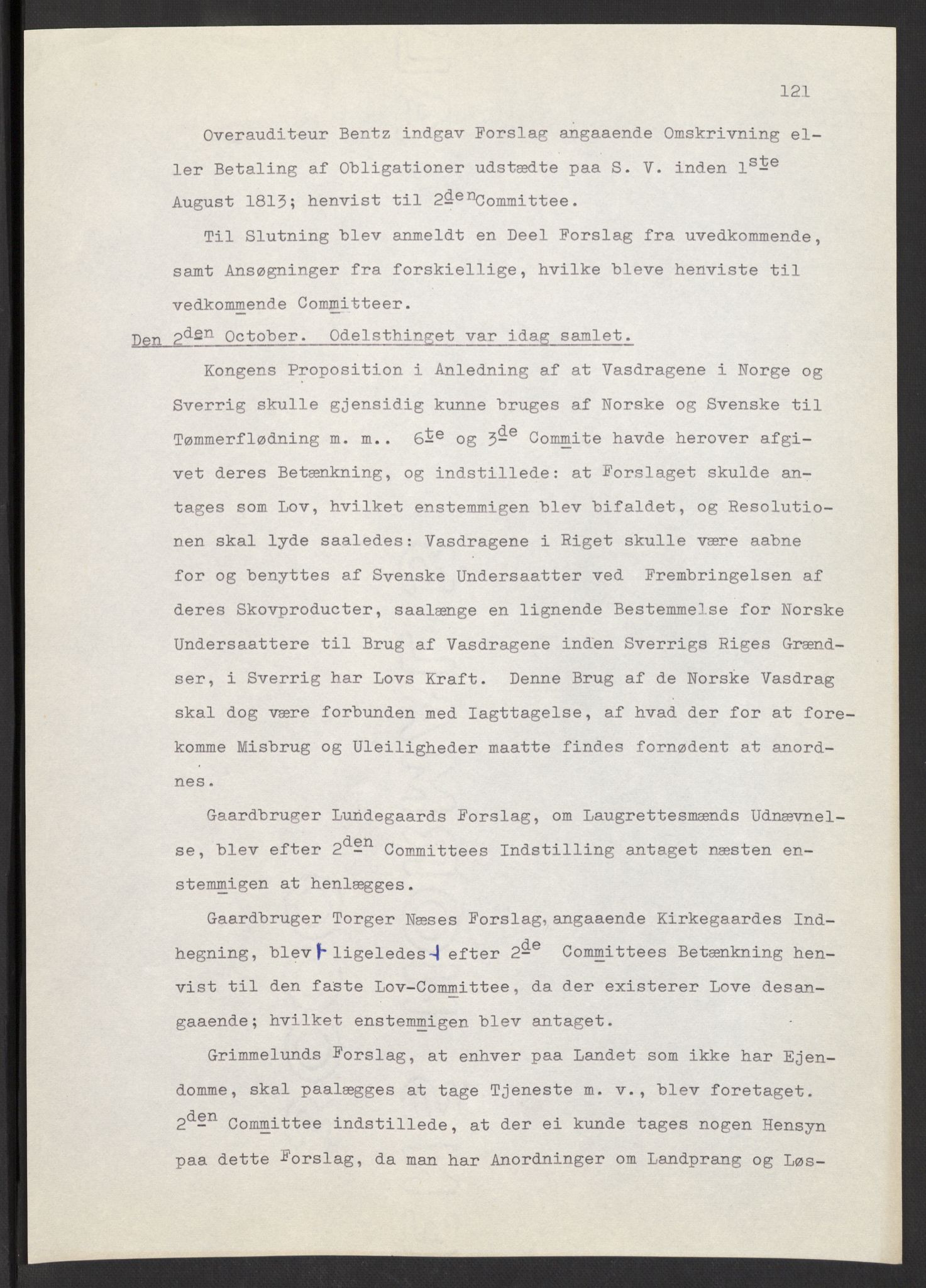 Manuskriptsamlingen, AV/RA-EA-3667/F/L0197: Wetlesen, Hans Jørgen (stortingsmann, ingeniørkaptein); Referat fra Stortinget 1815-1816, 1815-1816, p. 121