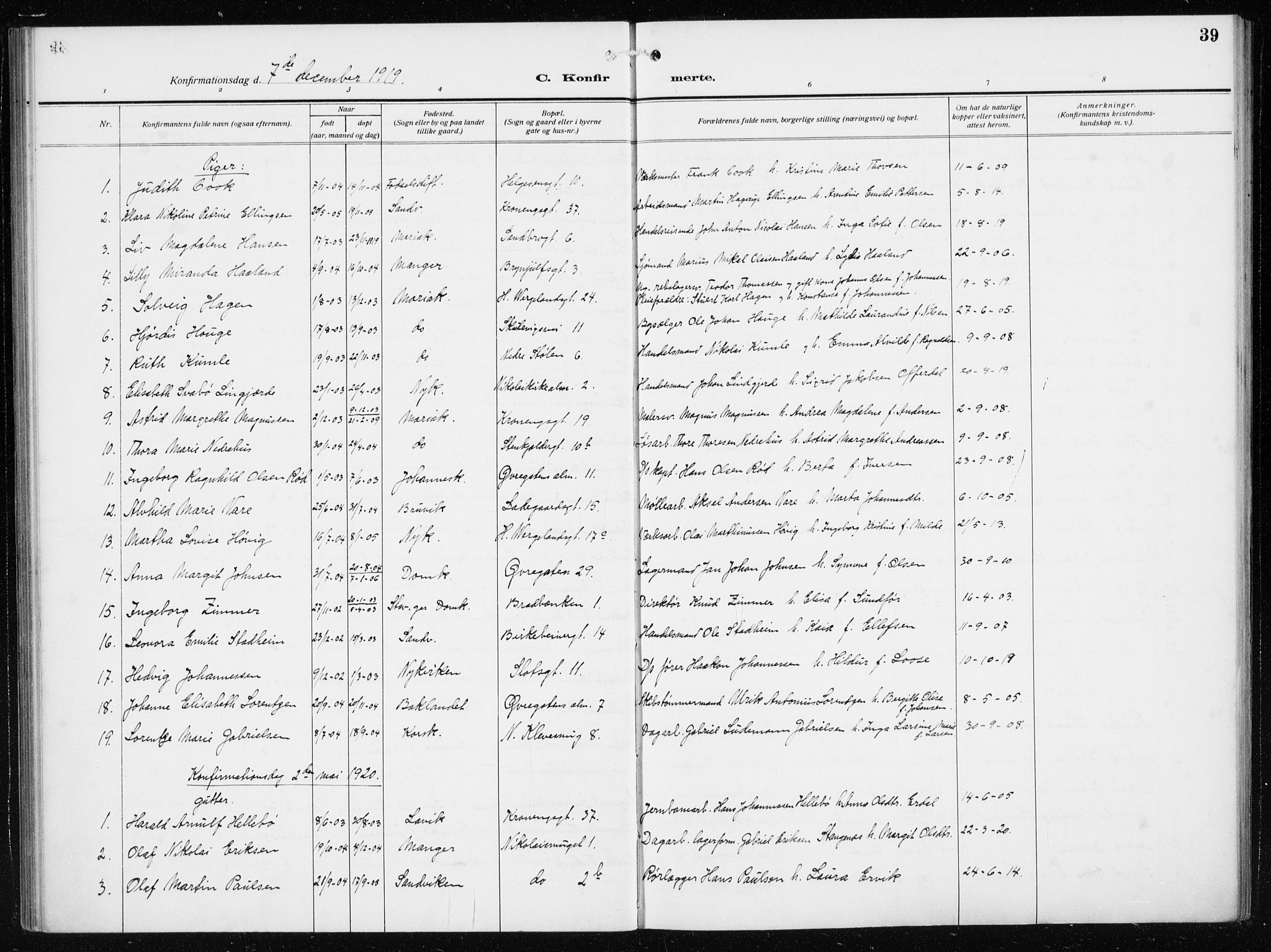 Mariakirken Sokneprestembete, SAB/A-76901/H/Haa/L0015: Parish register (official) no. C 3, 1913-1927, p. 39