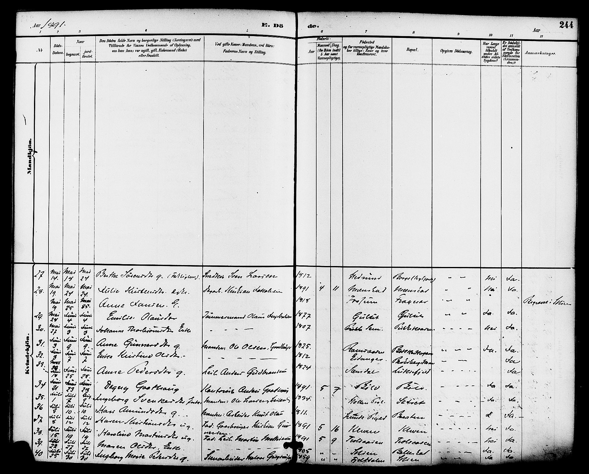 Gjerpen kirkebøker, AV/SAKO-A-265/F/Fa/L0010: Parish register (official) no. I 10, 1886-1895, p. 244