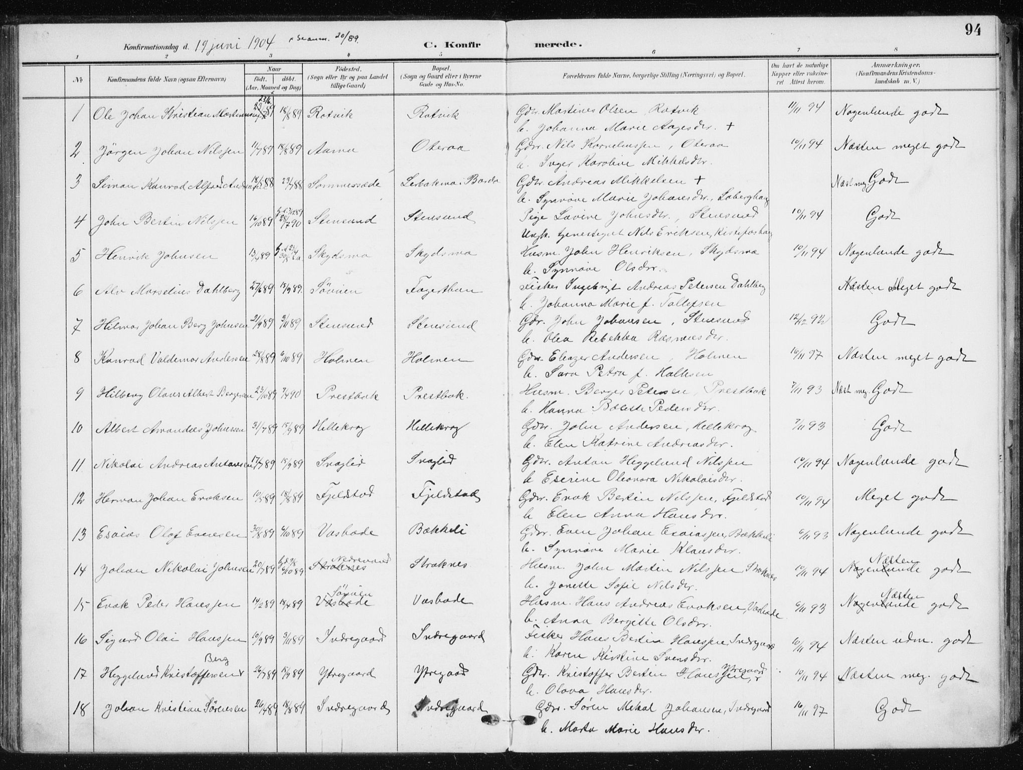 Salangen sokneprestembete, SATØ/S-1324/H/Ha/L0002kirke: Parish register (official) no. 2, 1902-1911, p. 94