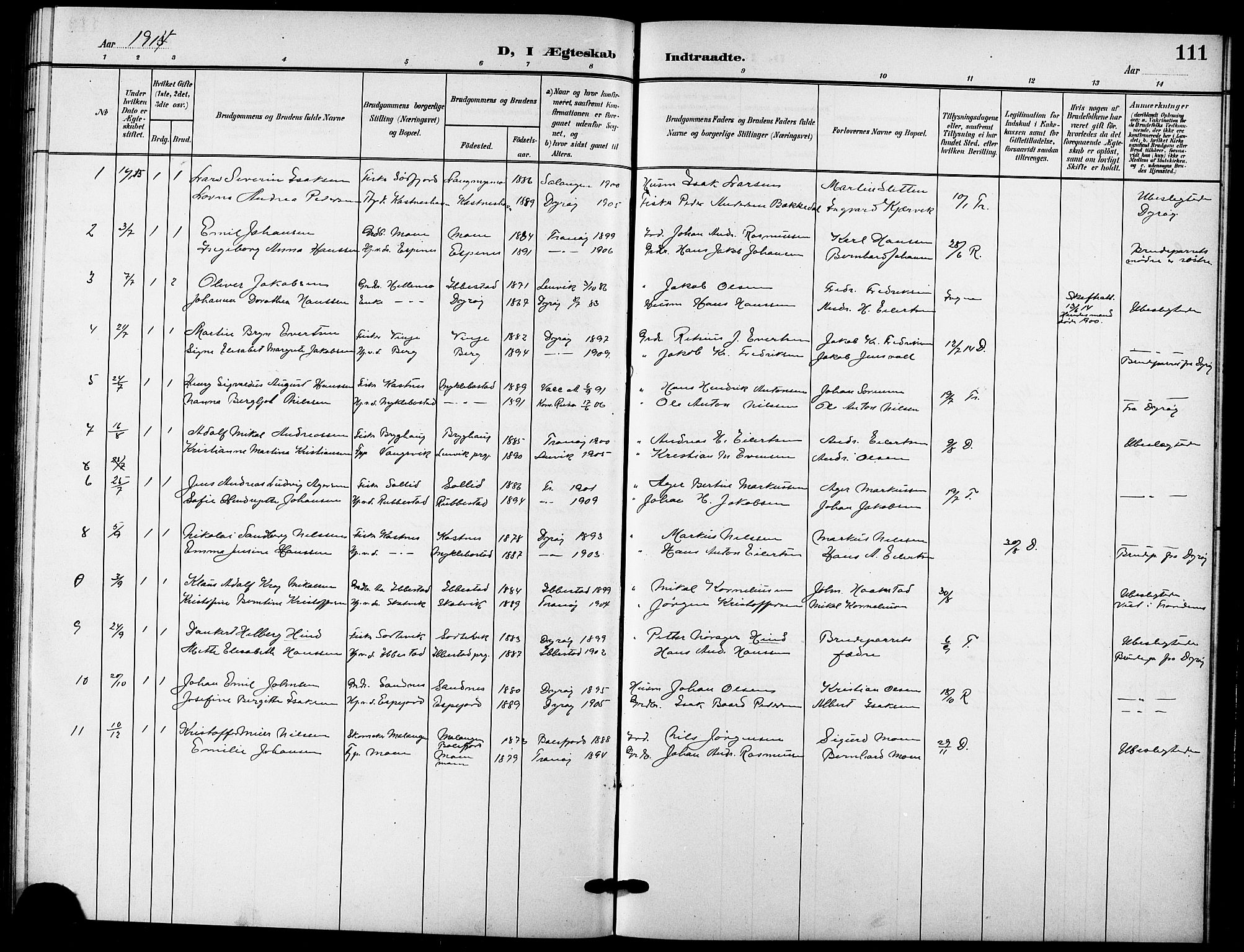 Tranøy sokneprestkontor, AV/SATØ-S-1313/I/Ia/Iab/L0005klokker: Parish register (copy) no. 5, 1902-1919, p. 111