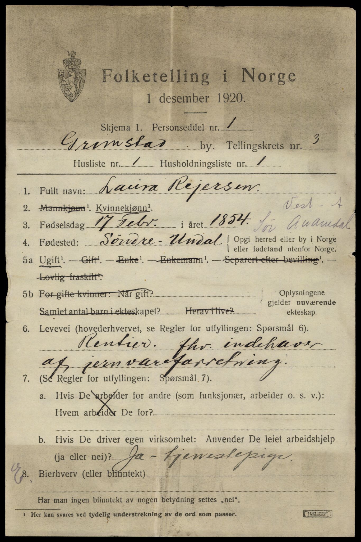 SAK, 1920 census for Grimstad, 1920, p. 4309