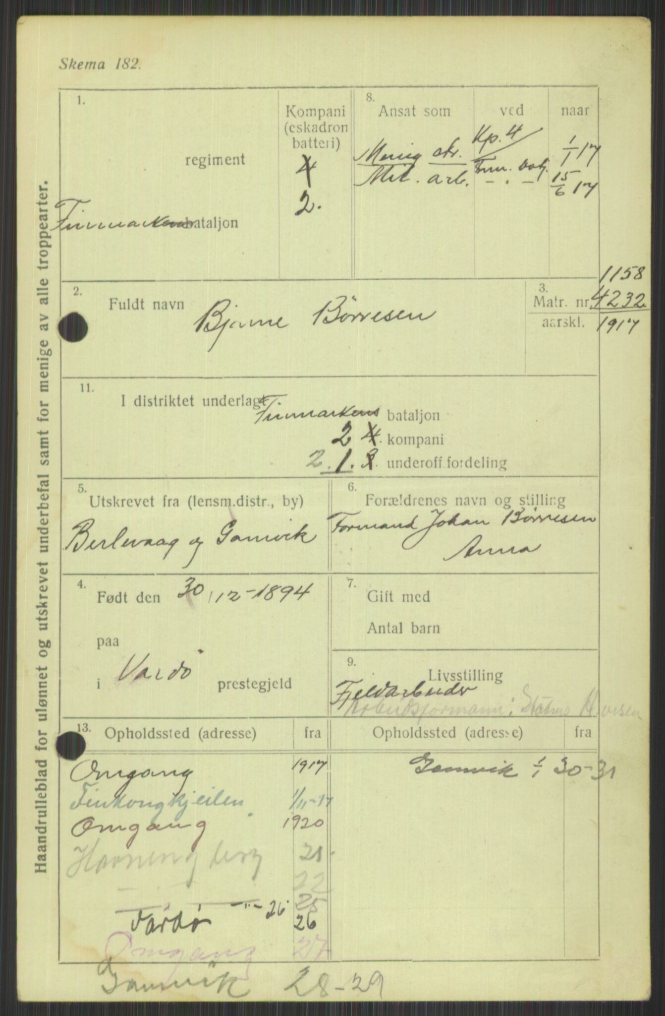 Forsvaret, Varanger bataljon, AV/RA-RAFA-2258/1/D/L0440: Rulleblad for fødte 1892-1912, 1892-1912, p. 19