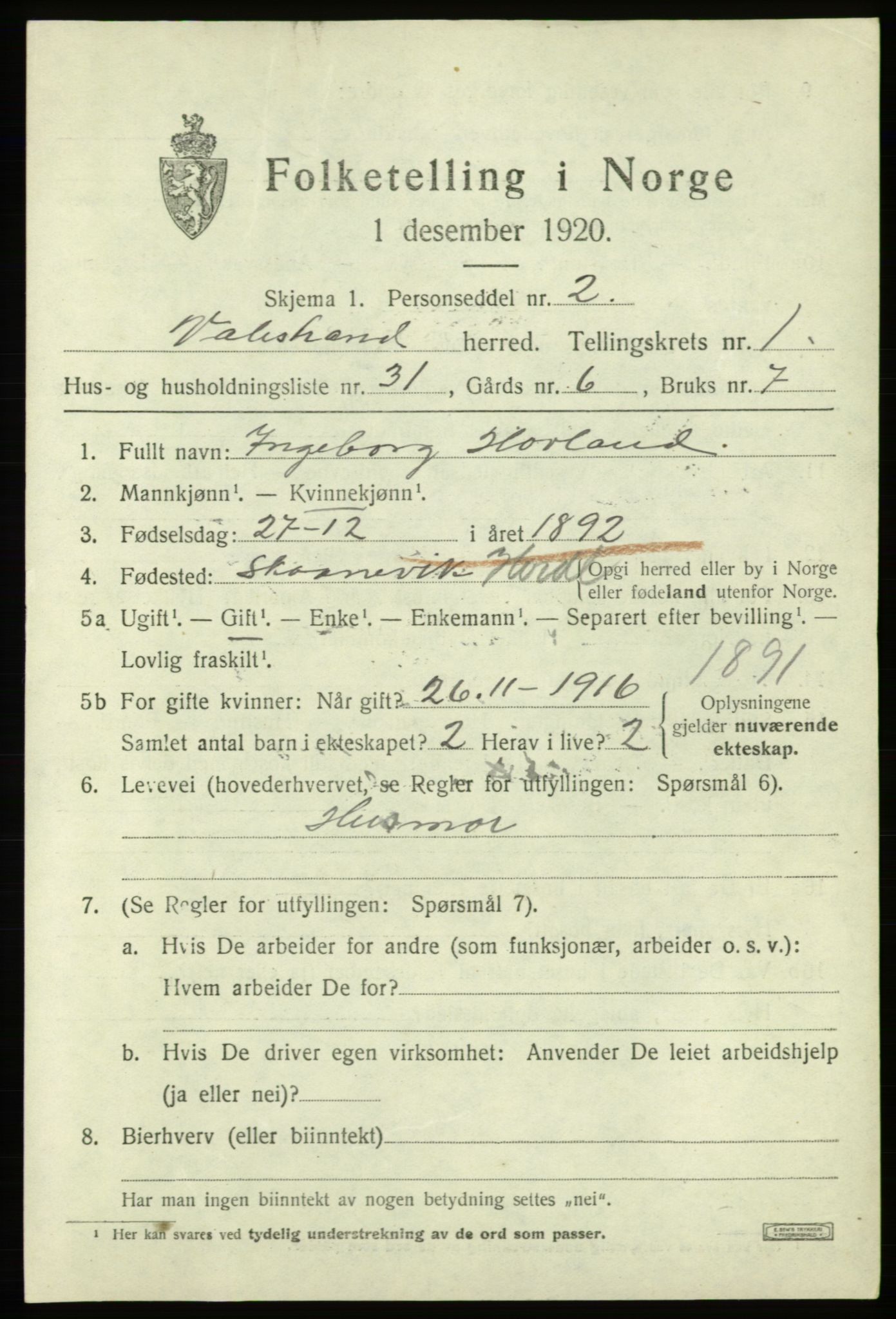 SAB, 1920 census for Valestrand, 1920, p. 805