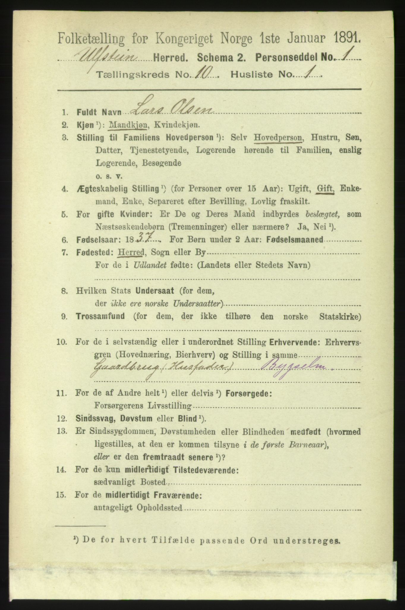 RA, 1891 census for 1516 Ulstein, 1891, p. 3157