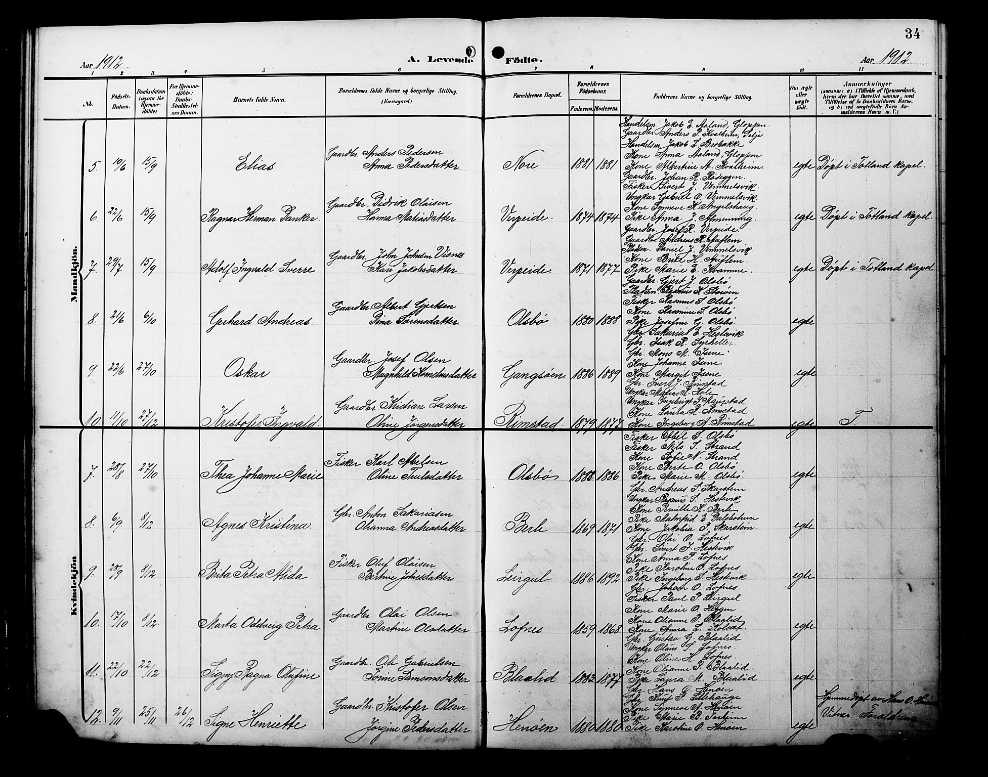 Davik sokneprestembete, SAB/A-79701/H/Hab/Habc/L0003: Parish register (copy) no. C 3, 1907-1929, p. 34