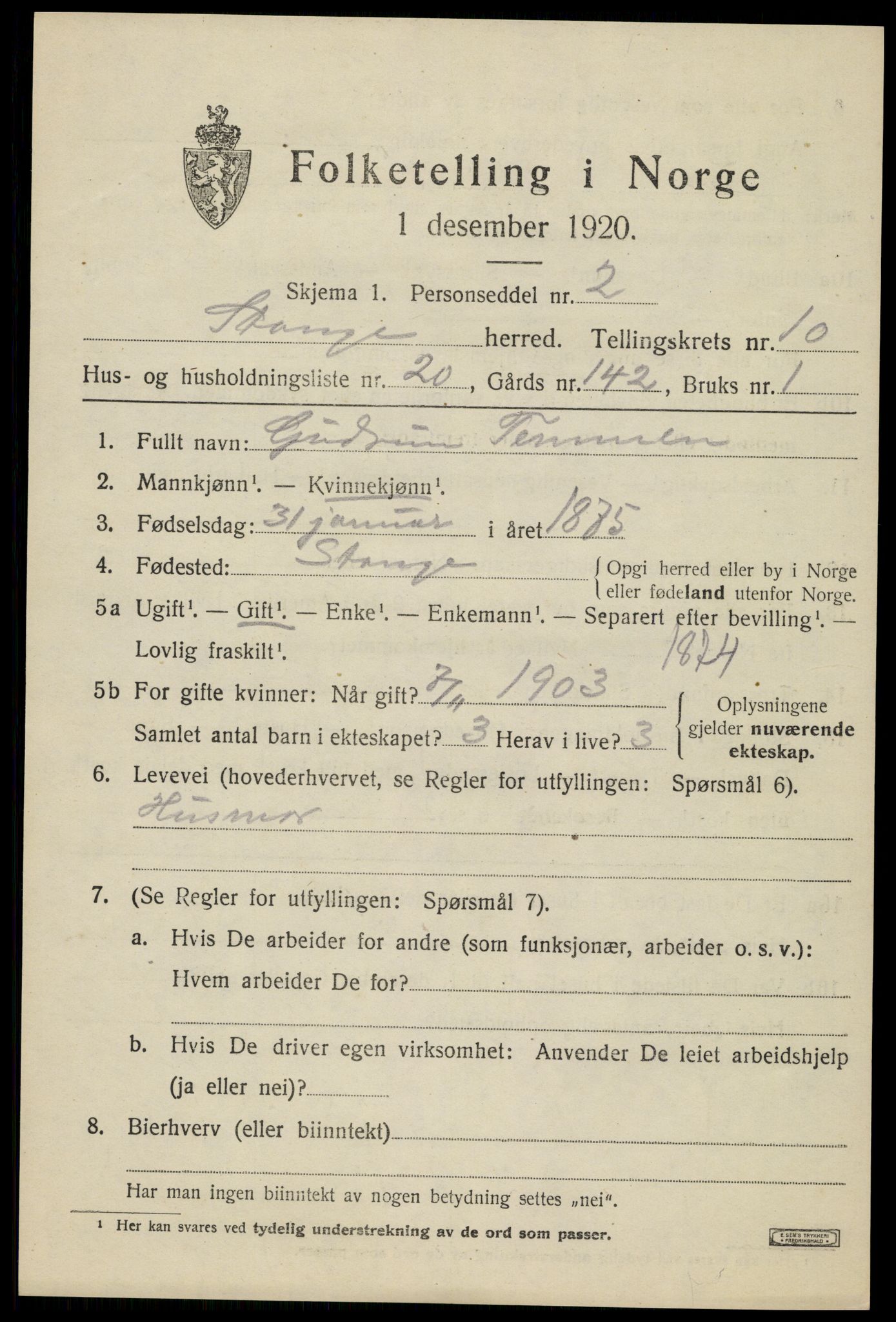 SAH, 1920 census for Stange, 1920, p. 16075