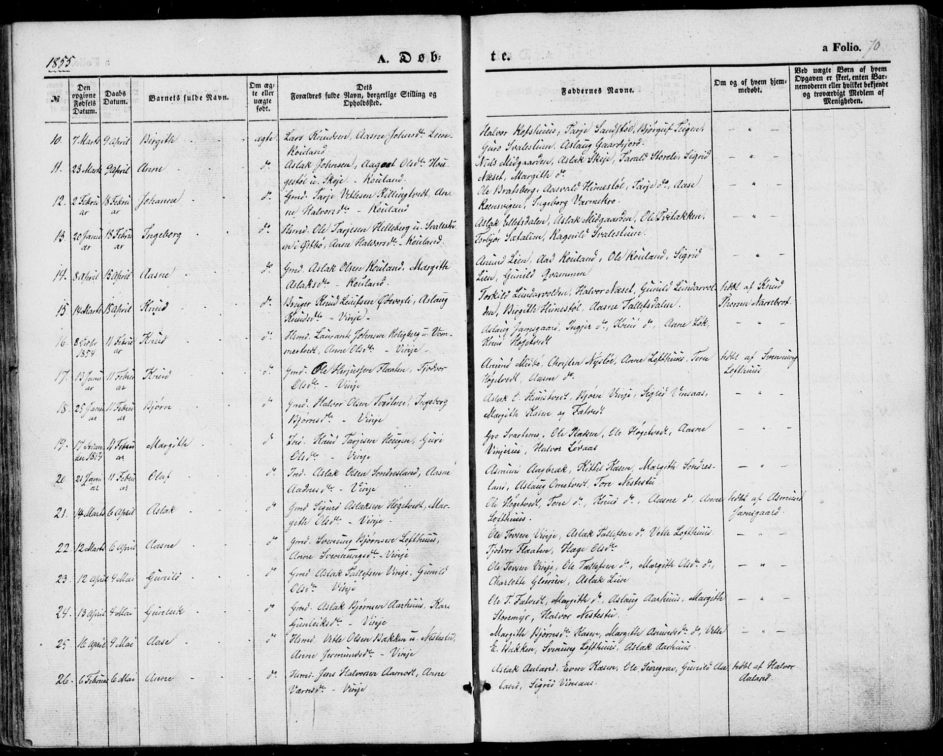 Vinje kirkebøker, AV/SAKO-A-312/F/Fa/L0004: Parish register (official) no. I 4, 1843-1869, p. 70