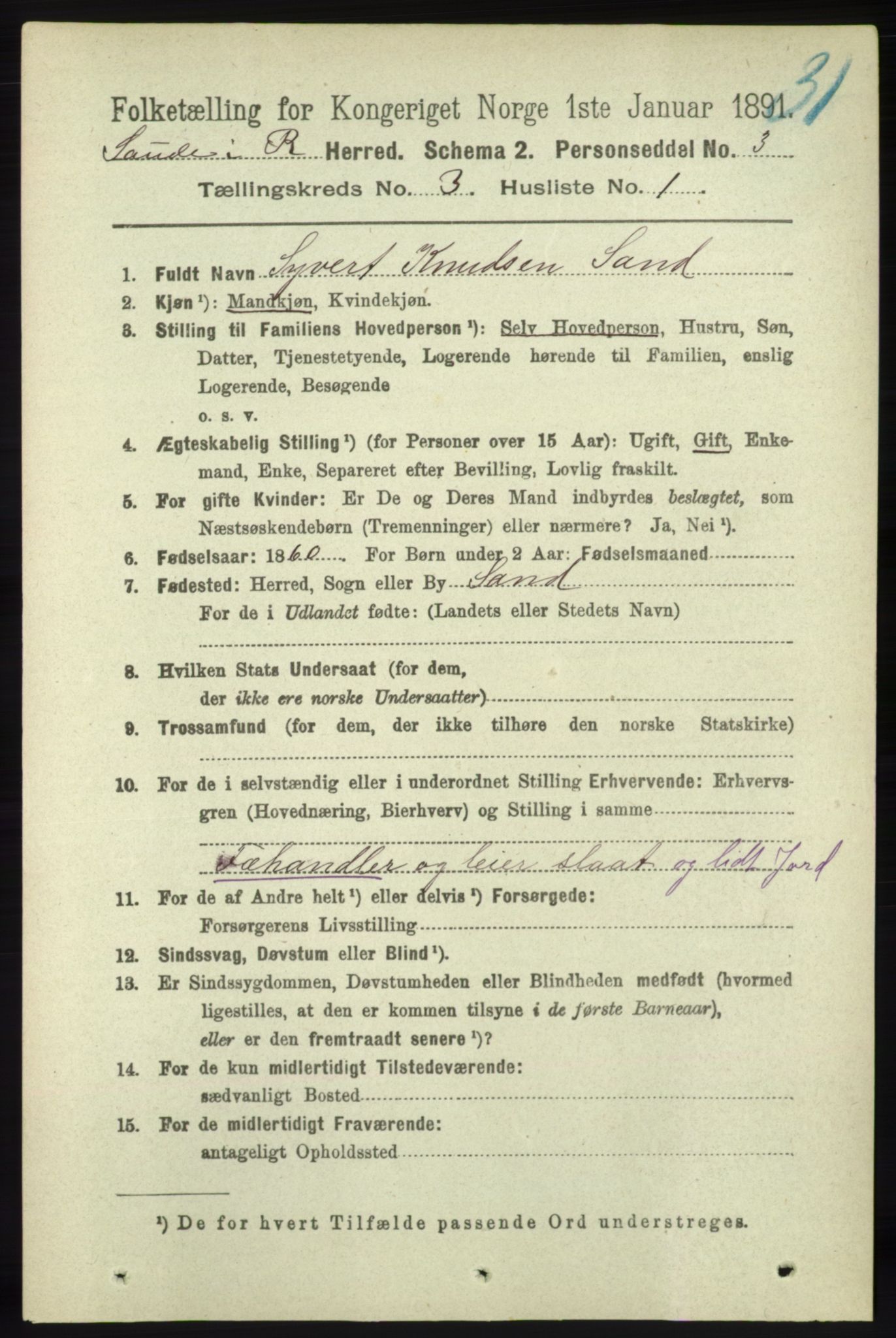 RA, 1891 census for 1135 Sauda, 1891, p. 1265