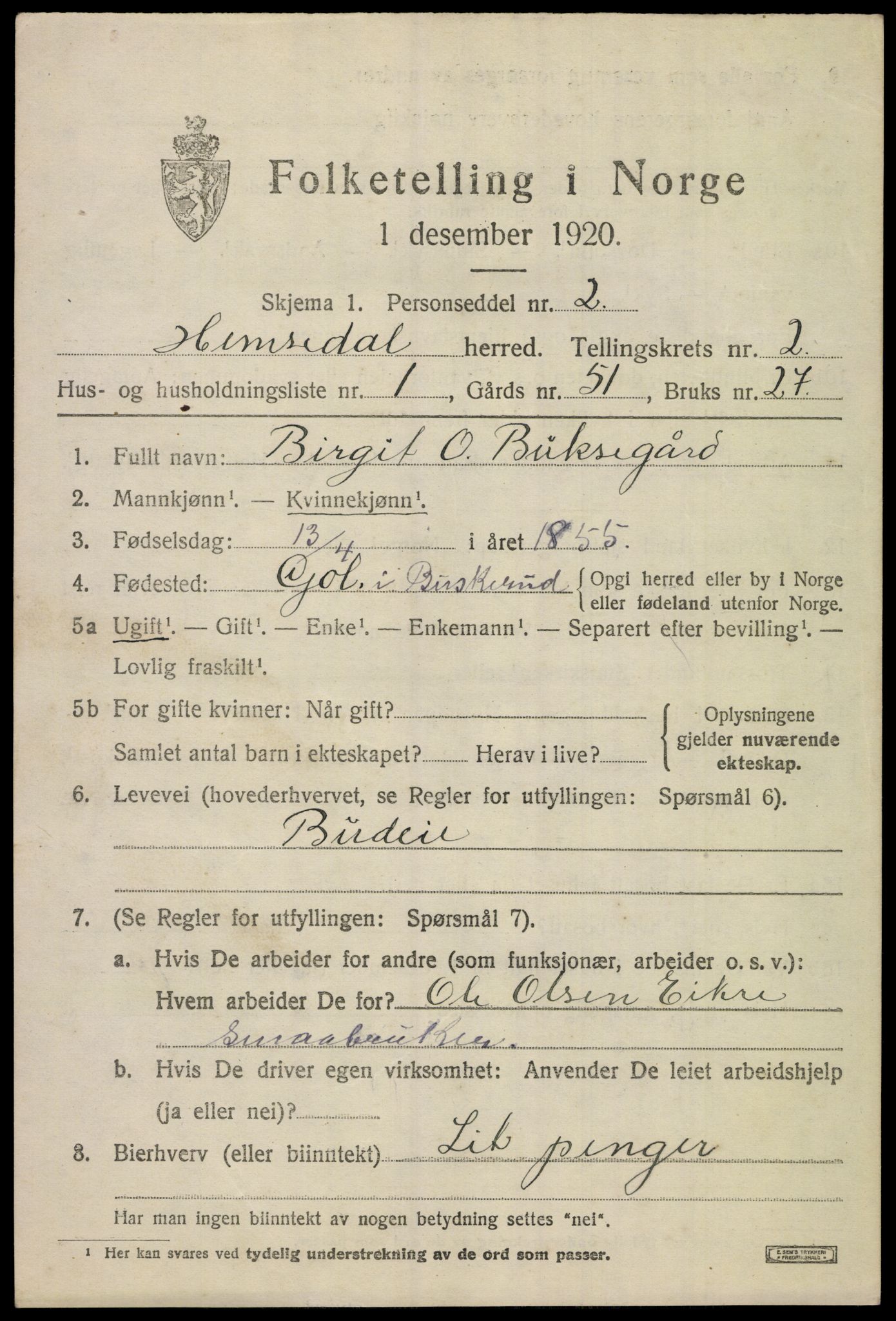 SAKO, 1920 census for Hemsedal, 1920, p. 694