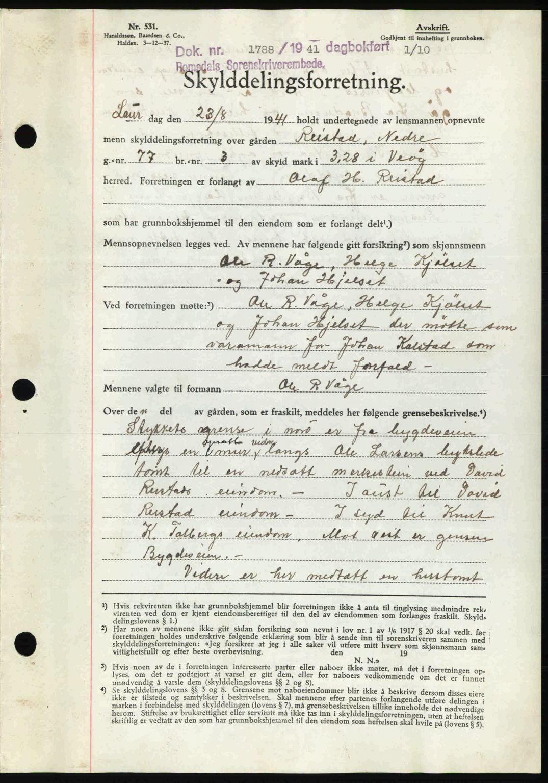 Romsdal sorenskriveri, AV/SAT-A-4149/1/2/2C: Mortgage book no. A11, 1941-1942, Diary no: : 1788/1941