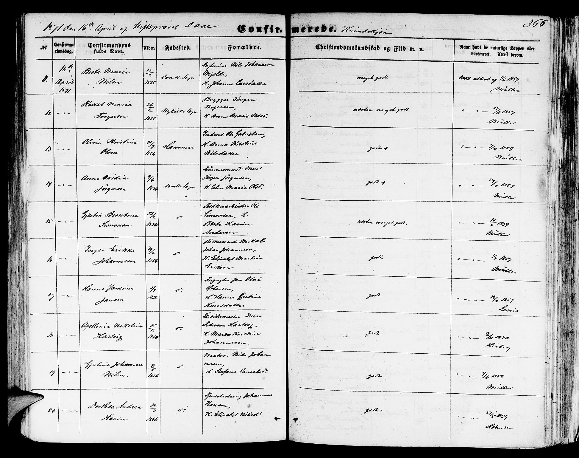Domkirken sokneprestembete, SAB/A-74801/H/Hab/L0023: Parish register (copy) no. C 3, 1854-1880, p. 366