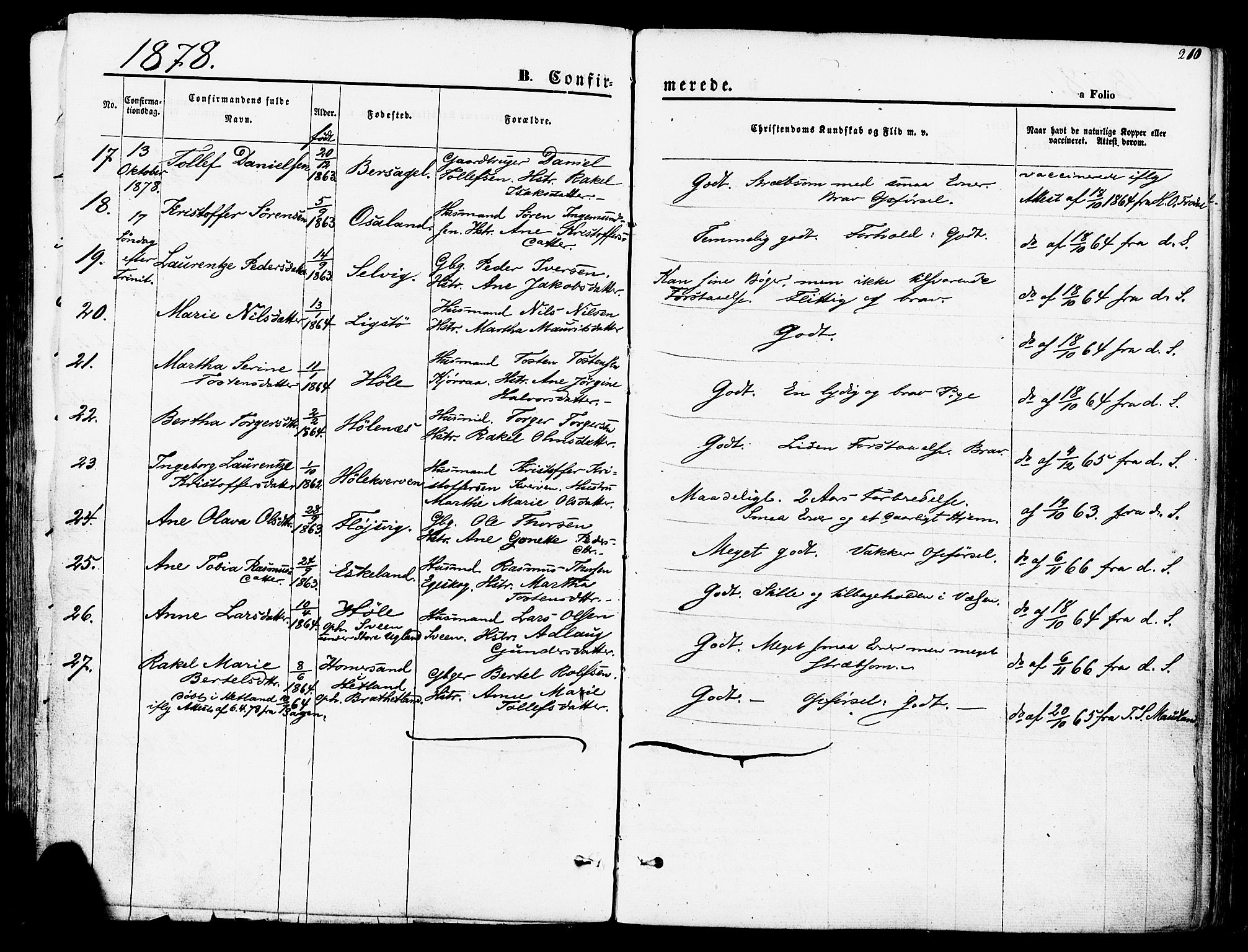 Høgsfjord sokneprestkontor, AV/SAST-A-101624/H/Ha/Haa/L0002: Parish register (official) no. A 2, 1855-1885, p. 210