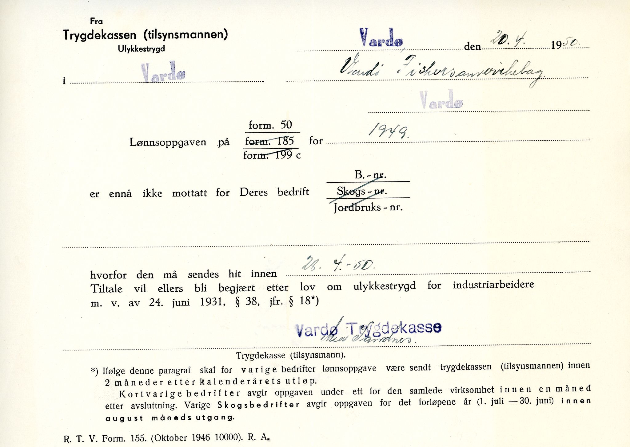 Vardø Fiskersamvirkelag, VAMU/A-0037/D/Da/L0008: Korrespondanse Tr-År, 1947-1950