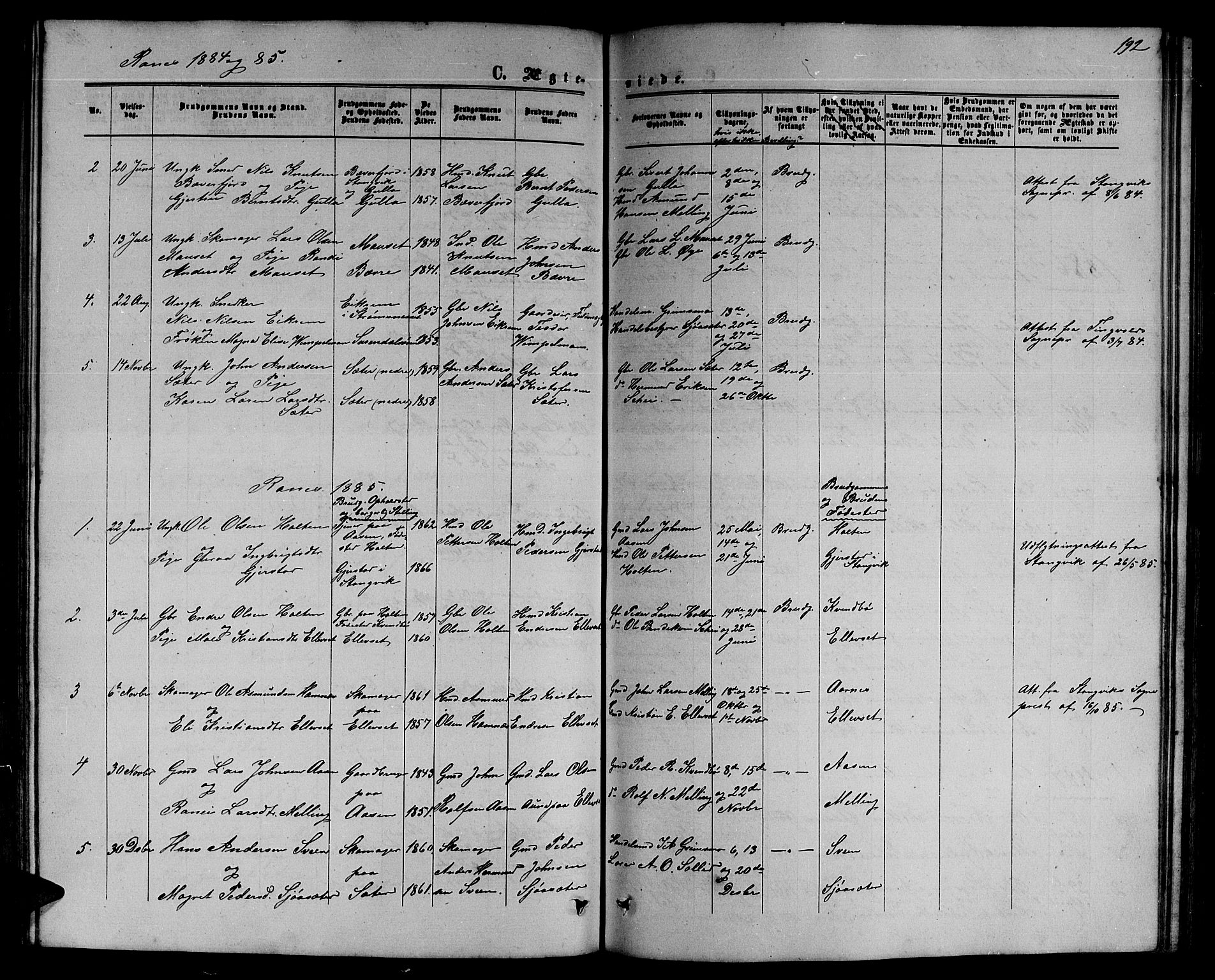 Ministerialprotokoller, klokkerbøker og fødselsregistre - Møre og Romsdal, SAT/A-1454/595/L1051: Parish register (copy) no. 595C03, 1866-1891, p. 192