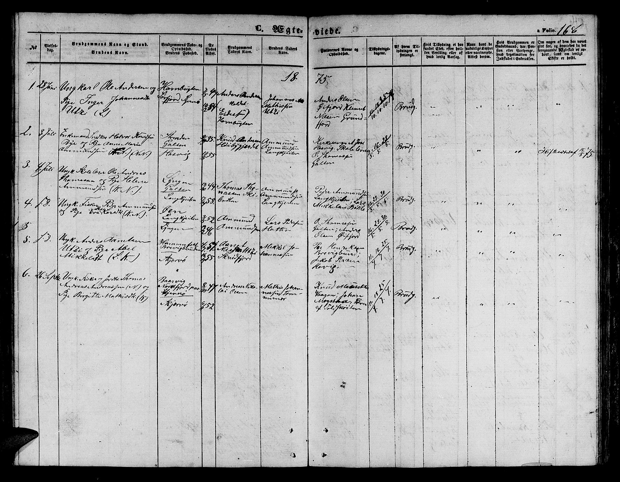 Loppa sokneprestkontor, AV/SATØ-S-1339/H/Hb/L0003klokker: Parish register (copy) no. 3, 1853-1880, p. 168