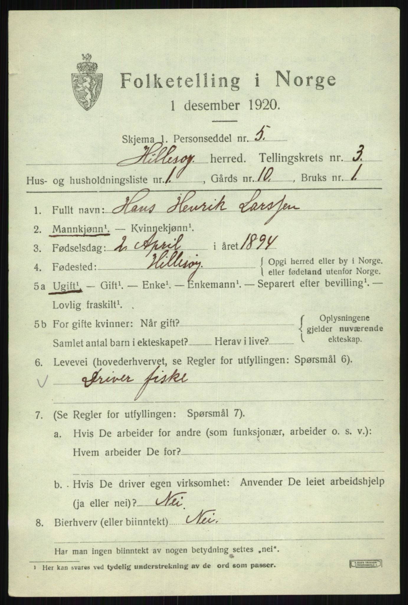 SATØ, 1920 census for Hillesøy, 1920, p. 1671