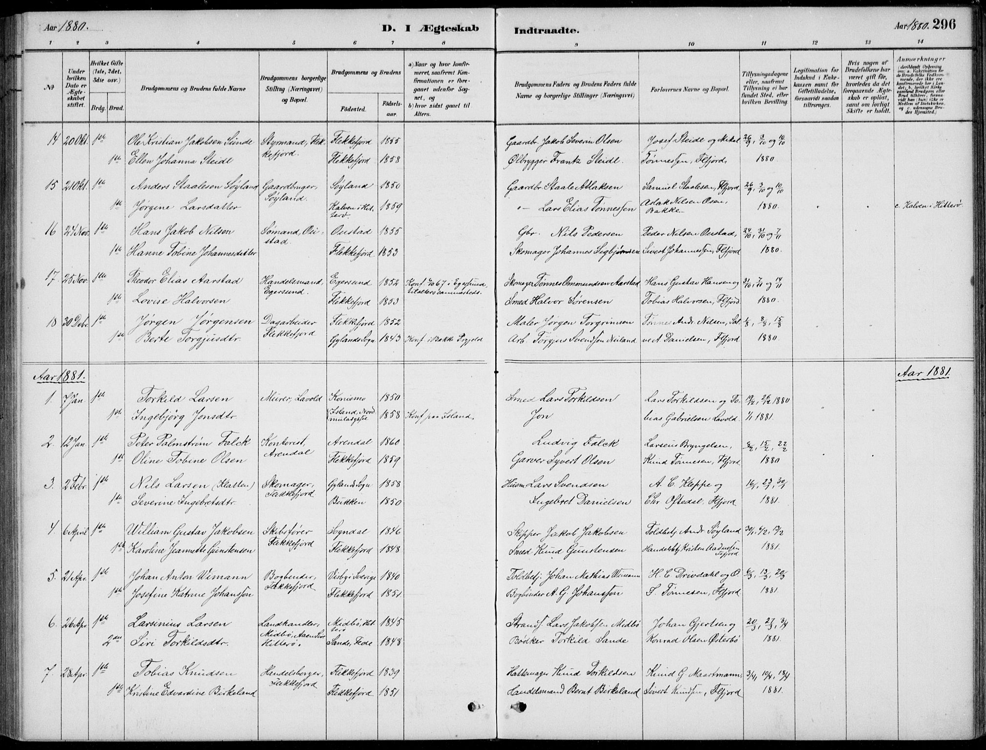 Flekkefjord sokneprestkontor, SAK/1111-0012/F/Fb/Fbc/L0007: Parish register (copy) no. B 7, 1880-1902, p. 296