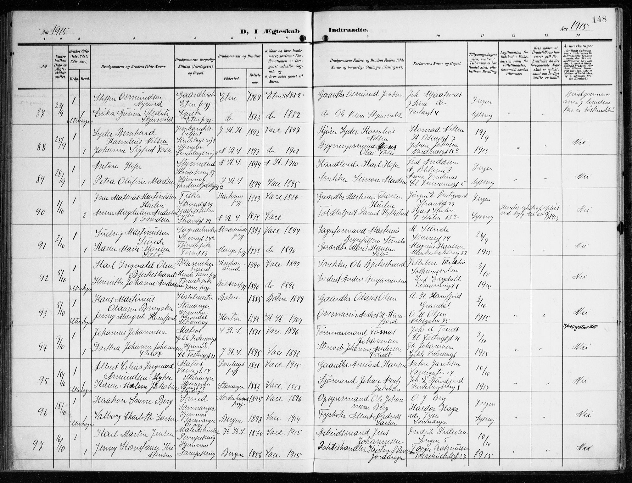 Korskirken sokneprestembete, AV/SAB-A-76101/H/Haa/L0038: Parish register (official) no. D 5, 1904-1919, p. 148