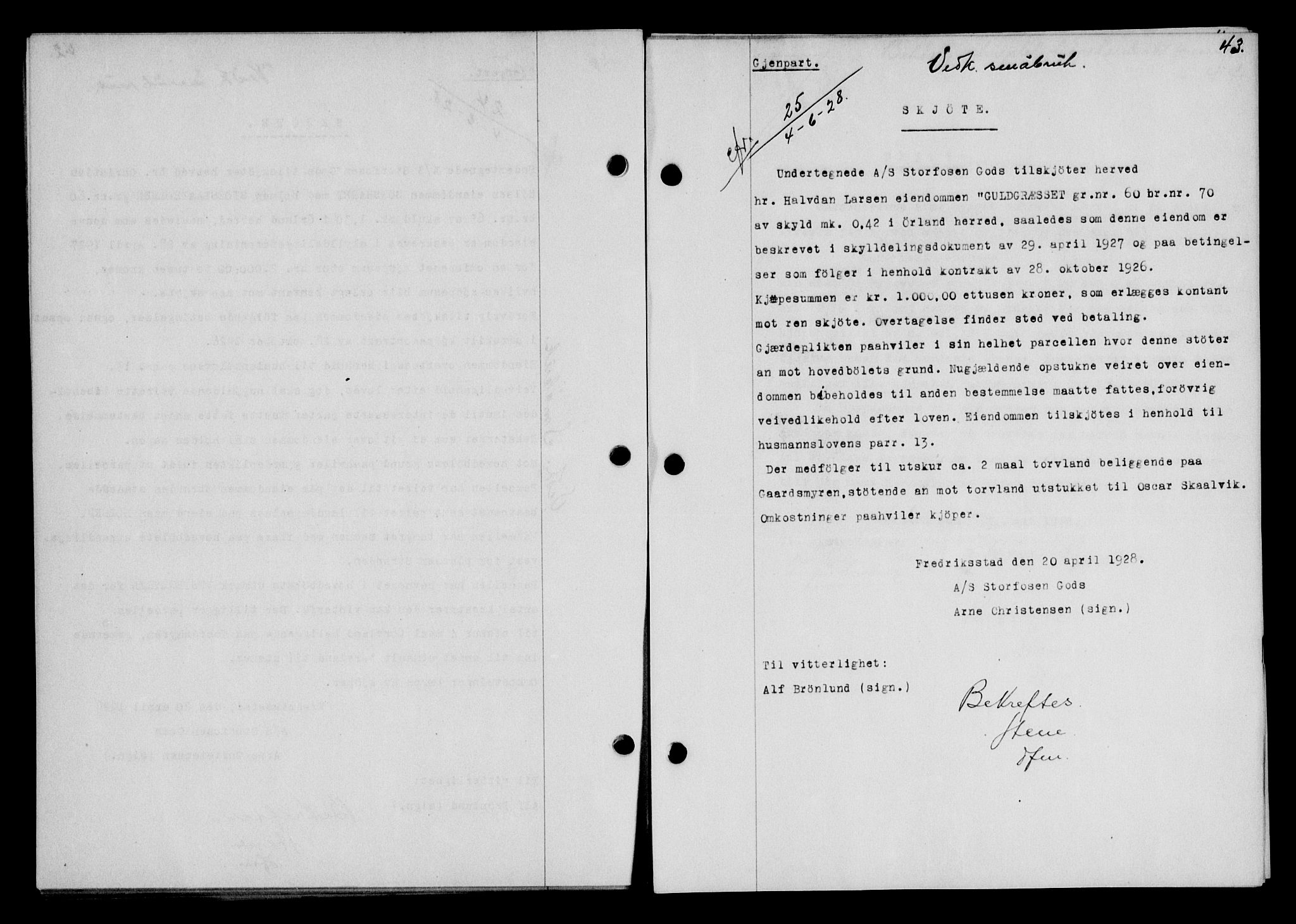 Fosen sorenskriveri, AV/SAT-A-1107/1/2/2C/L0067: Mortgage book no. 58, 1928-1929, p. 43, Deed date: 04.06.1928