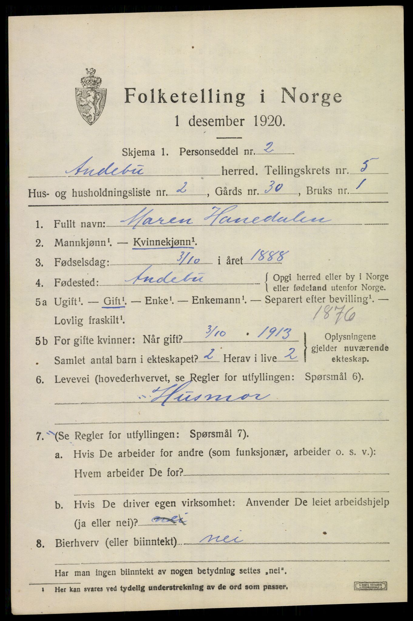 SAKO, 1920 census for Andebu, 1920, p. 2652
