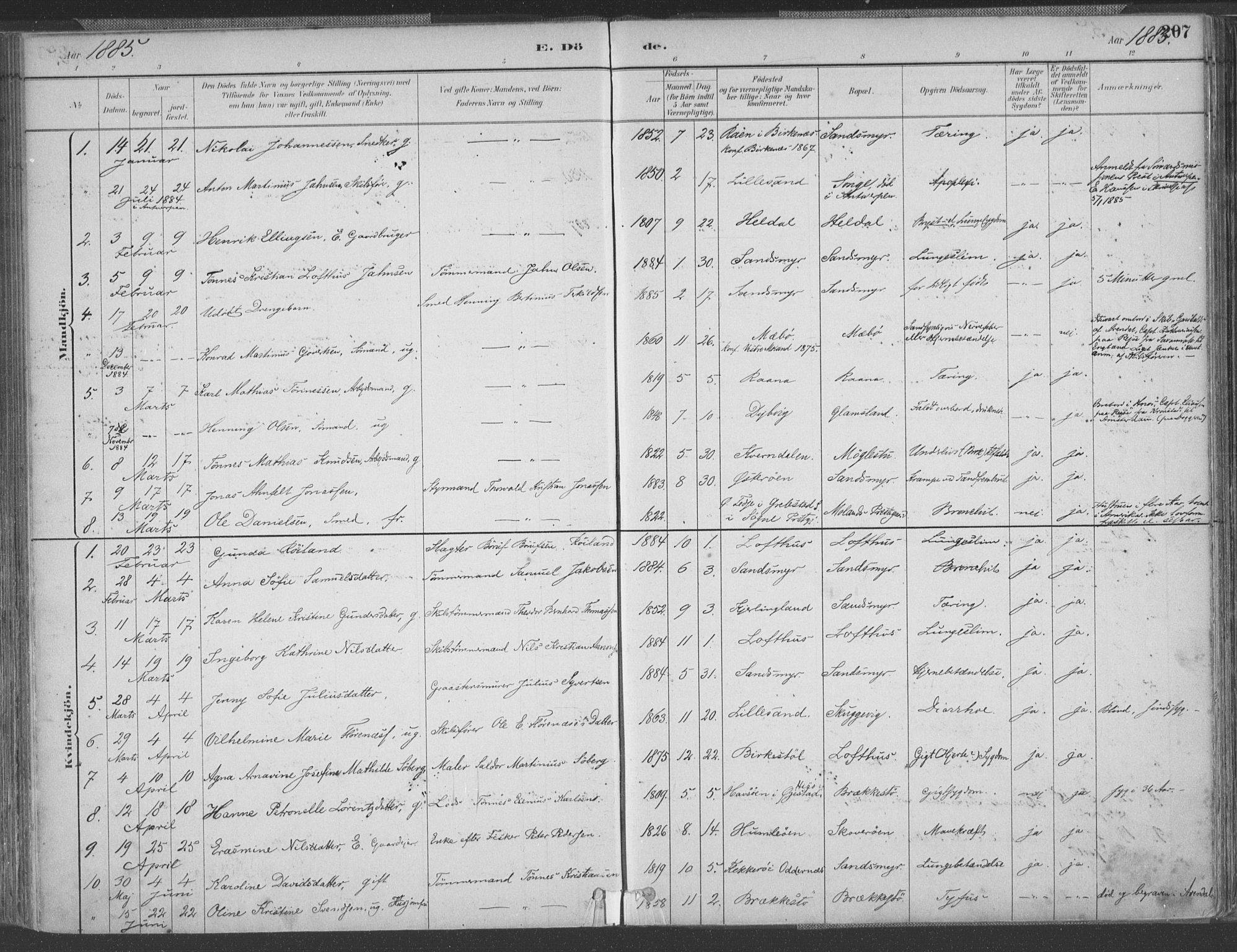 Vestre Moland sokneprestkontor, AV/SAK-1111-0046/F/Fa/Fab/L0009: Parish register (official) no. A 9, 1884-1899, p. 207