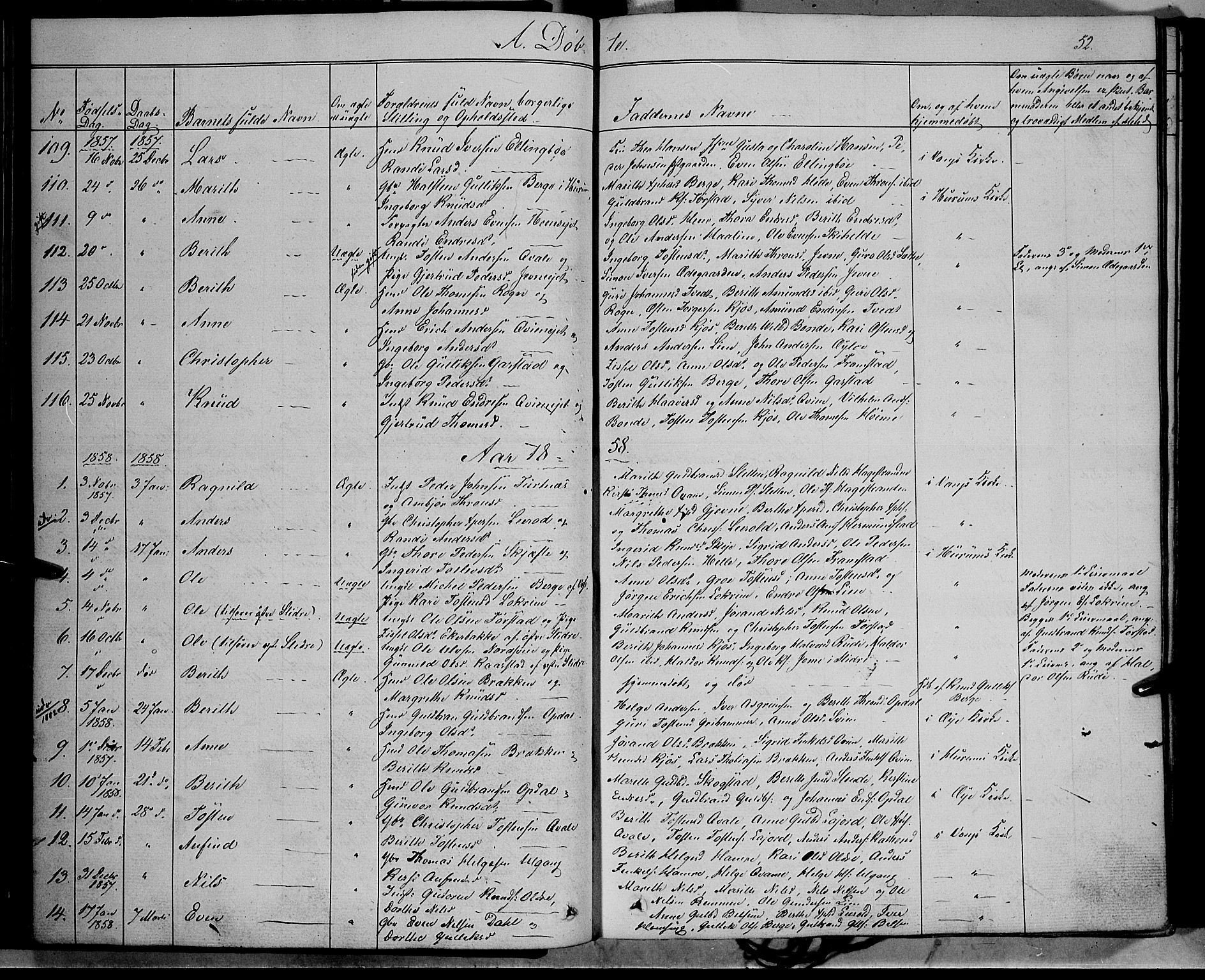 Vang prestekontor, Valdres, SAH/PREST-140/H/Ha/L0006: Parish register (official) no. 6, 1846-1864, p. 52