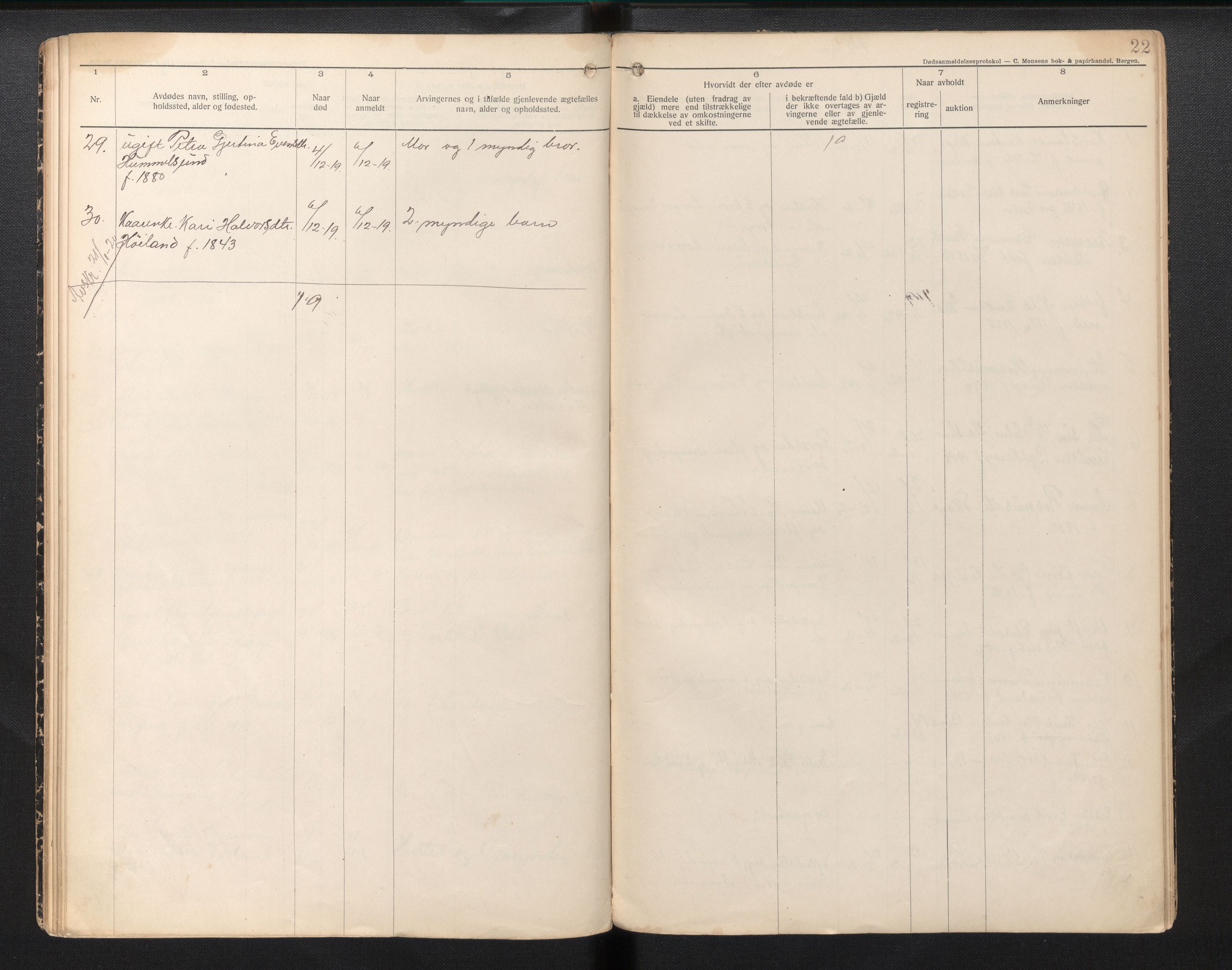 Lensmannen i Sund og Austevoll, AV/SAB-A-35201/0006/L0002: Dødsfallprotokoll - Sund, 1912-1926, p. 22