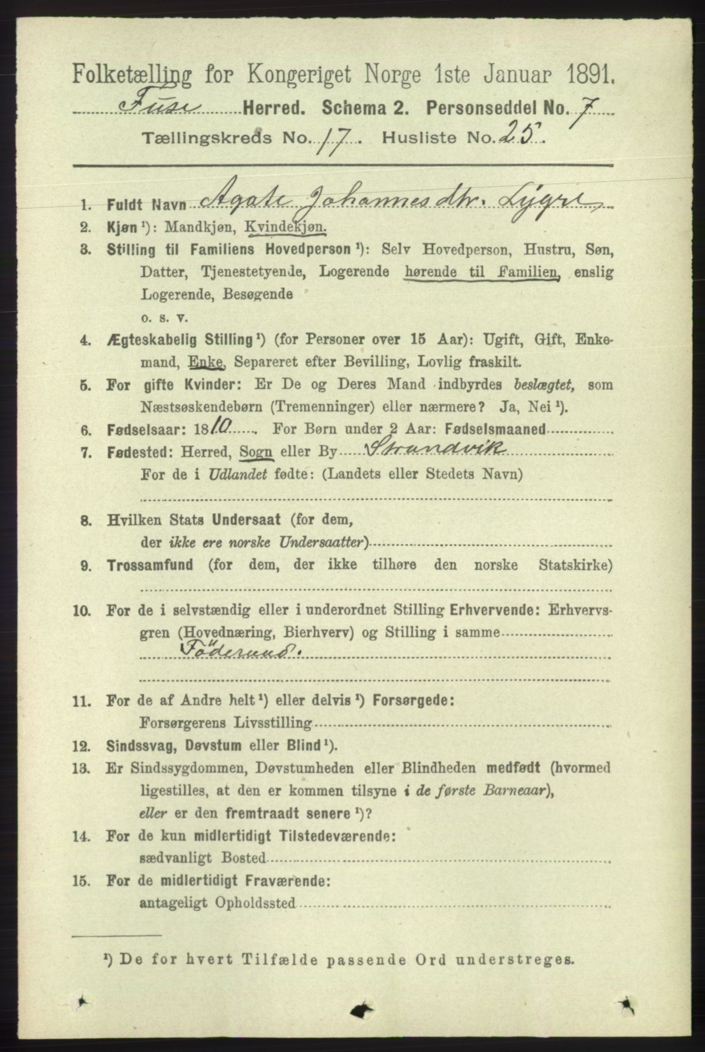 RA, 1891 census for 1241 Fusa, 1891, p. 3953