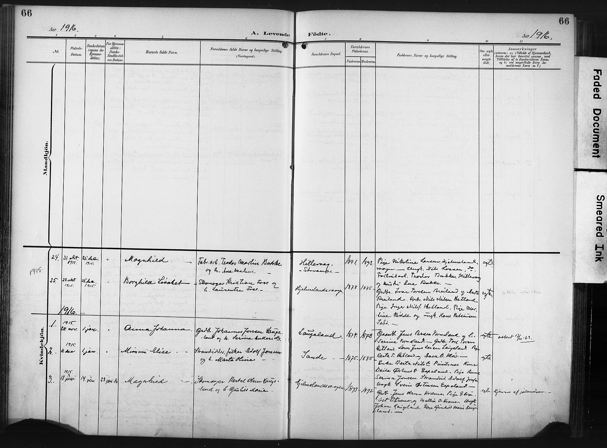 Hjelmeland sokneprestkontor, AV/SAST-A-101843/02/A/L0002: Parish register (official) no. A 17, 1901-1916, p. 66