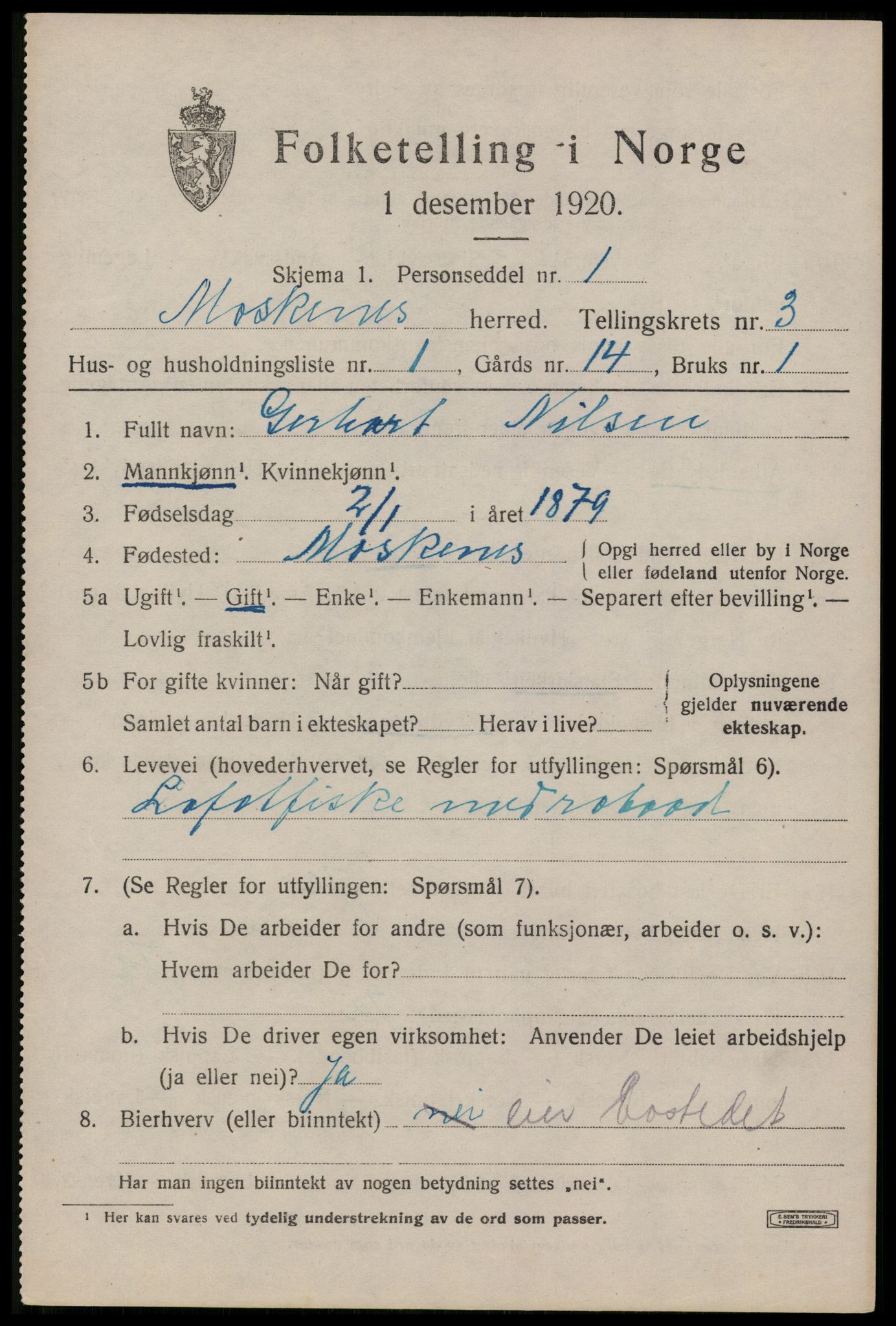 SAT, 1920 census for Moskenes, 1920, p. 1738