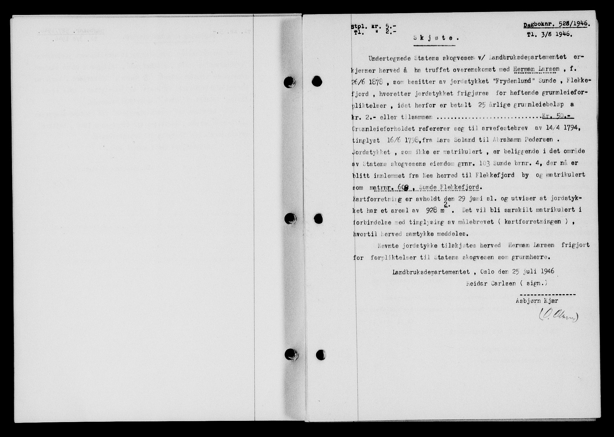 Flekkefjord sorenskriveri, AV/SAK-1221-0001/G/Gb/Gba/L0060: Mortgage book no. A-8, 1945-1946, Diary no: : 528/1946