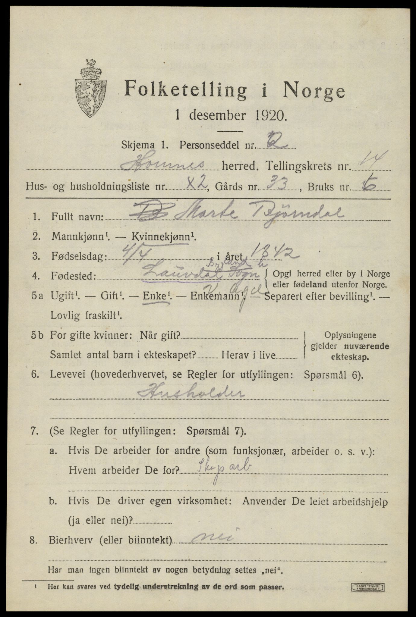 SAK, 1920 census for Hornnes, 1920, p. 3265