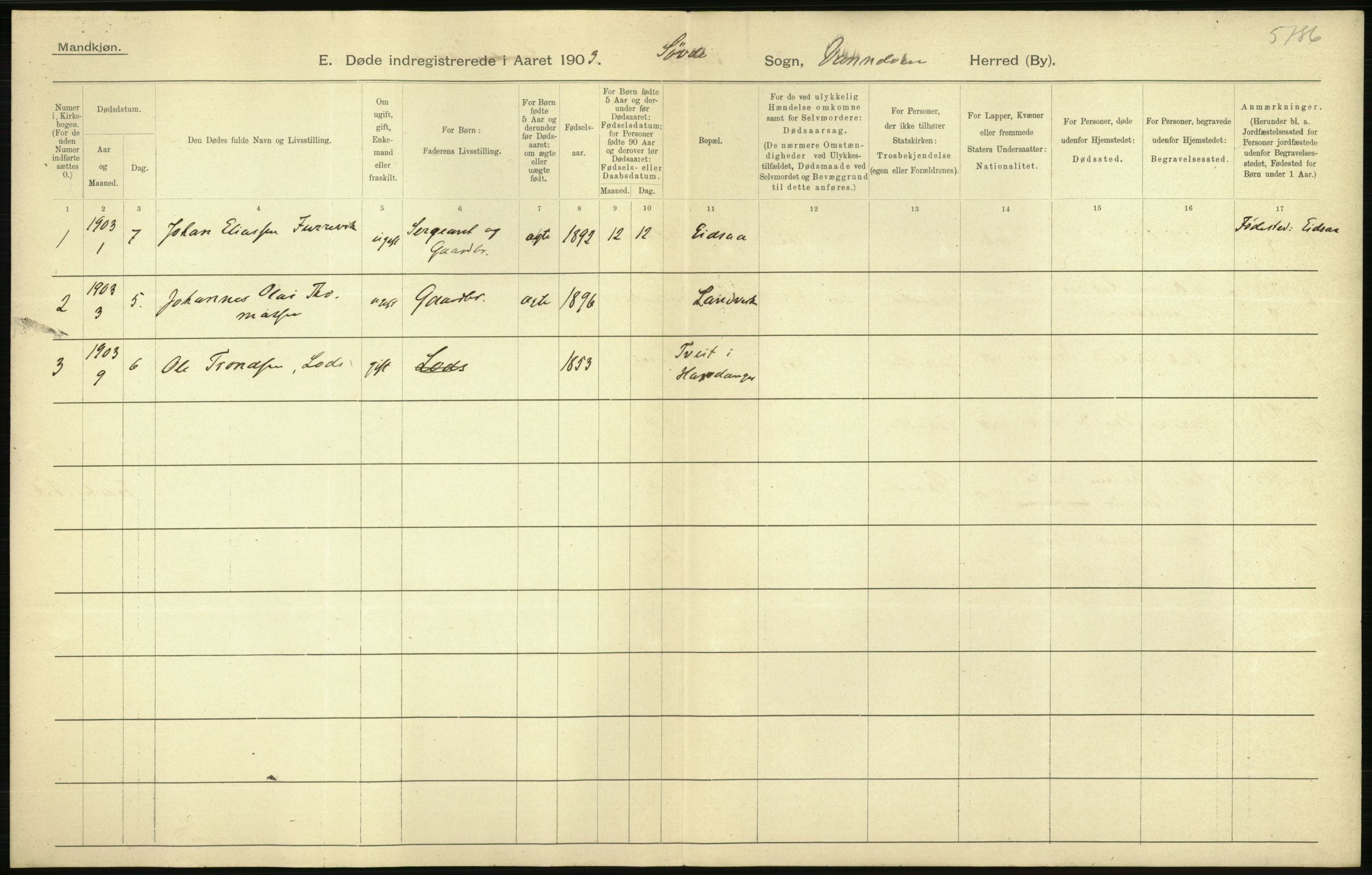 Statistisk sentralbyrå, Sosiodemografiske emner, Befolkning, RA/S-2228/D/Df/Dfa/Dfaa/L0016: Romsdal amt: Fødte, gifte, døde., 1903, p. 740