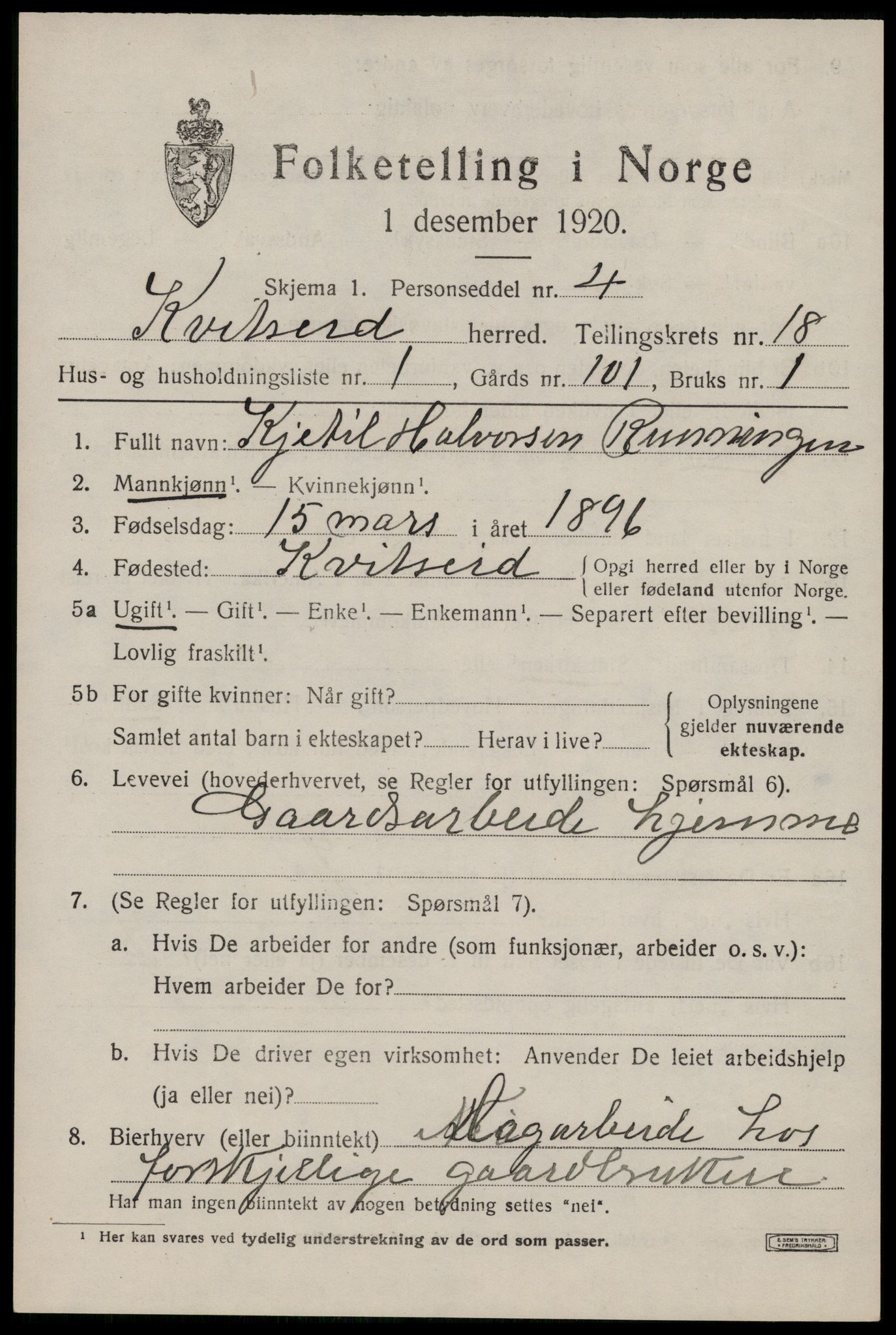 SAKO, 1920 census for Kviteseid, 1920, p. 8073