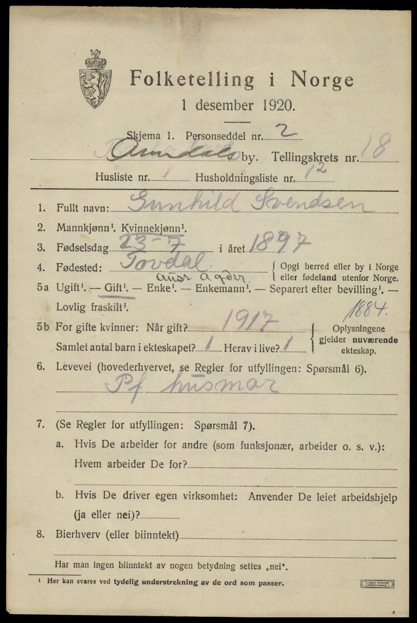 SAK, 1920 census for Arendal, 1920, p. 24944