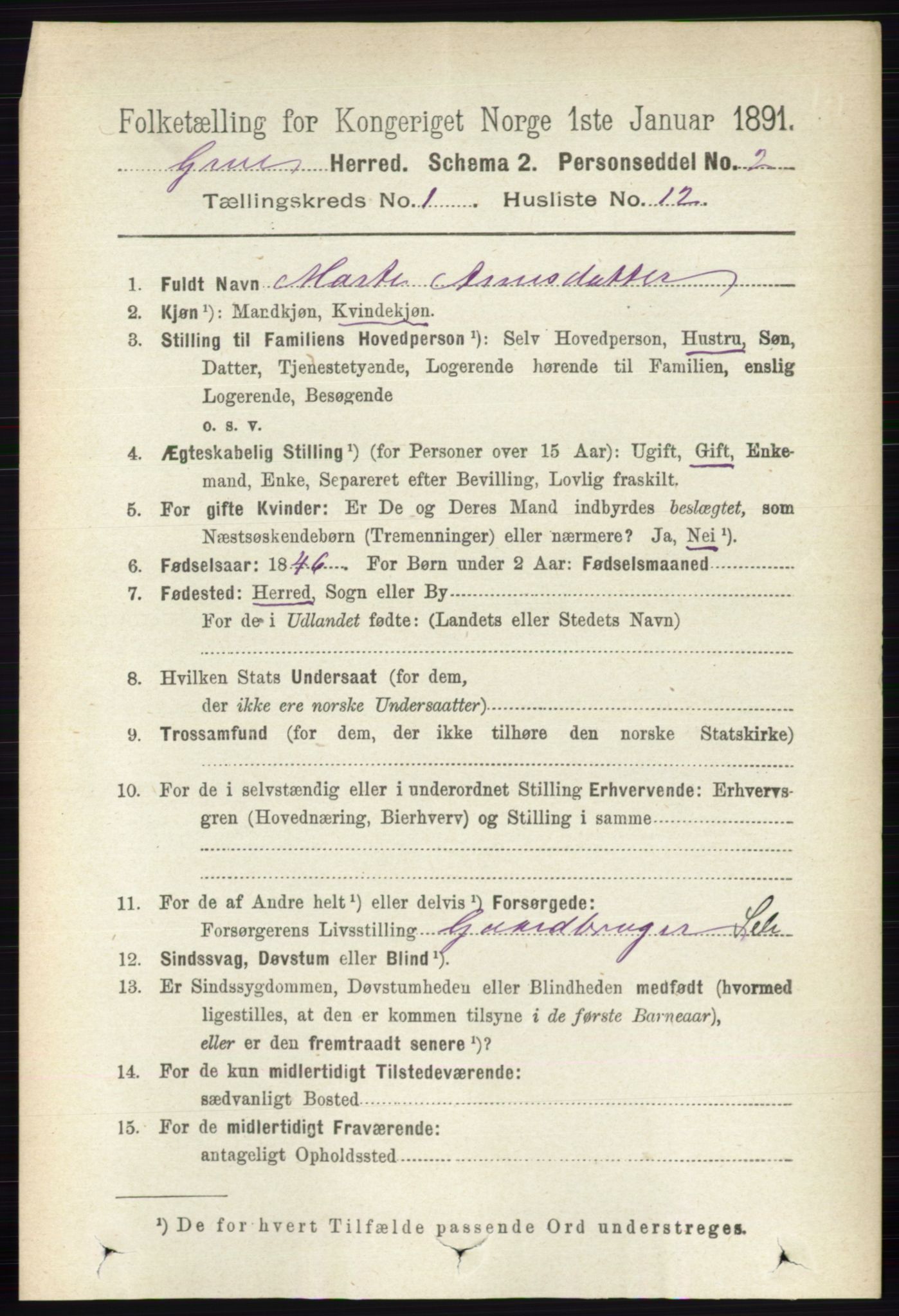 RA, 1891 census for 0423 Grue, 1891, p. 262