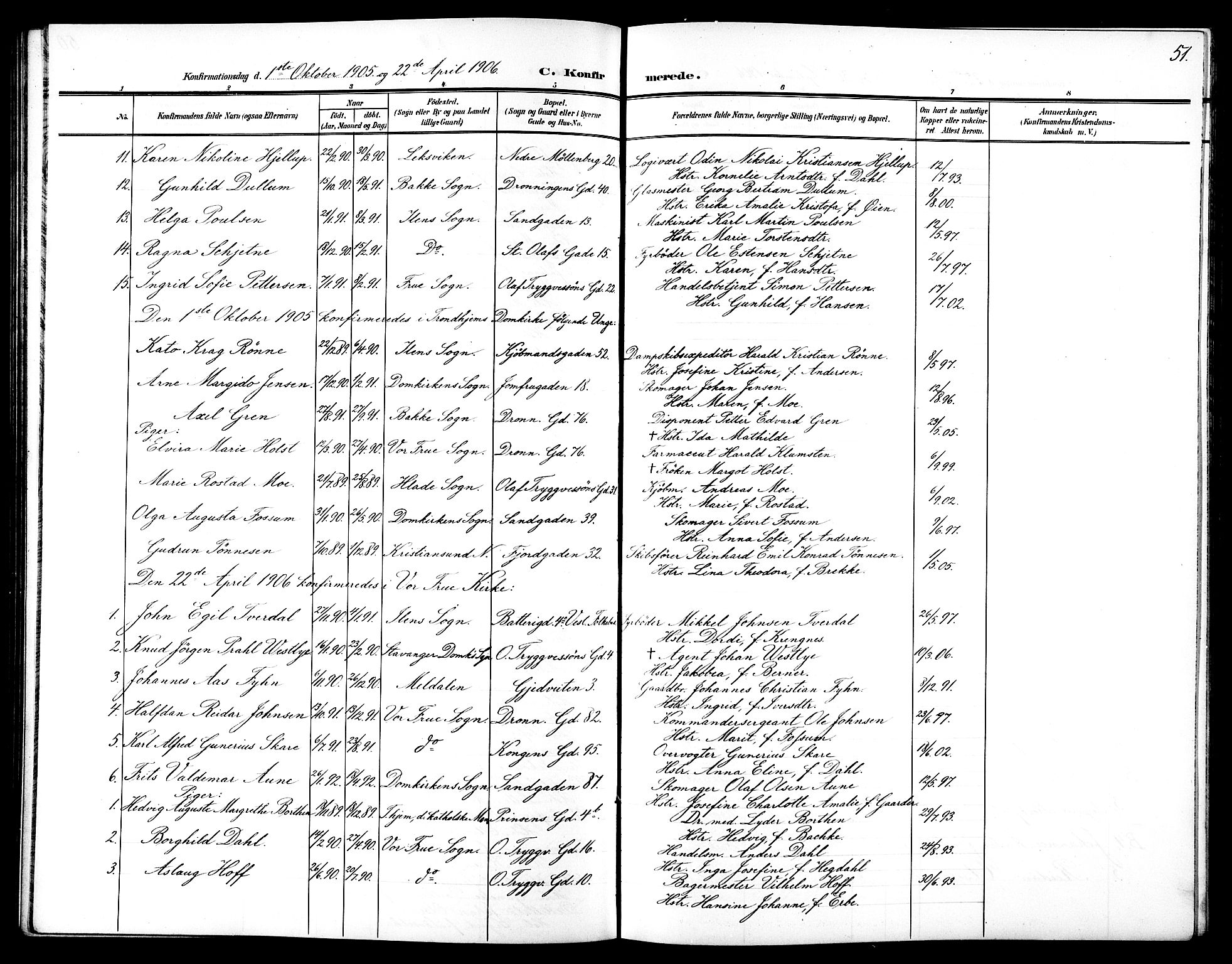 Ministerialprotokoller, klokkerbøker og fødselsregistre - Sør-Trøndelag, SAT/A-1456/602/L0146: Parish register (copy) no. 602C14, 1904-1914, p. 51