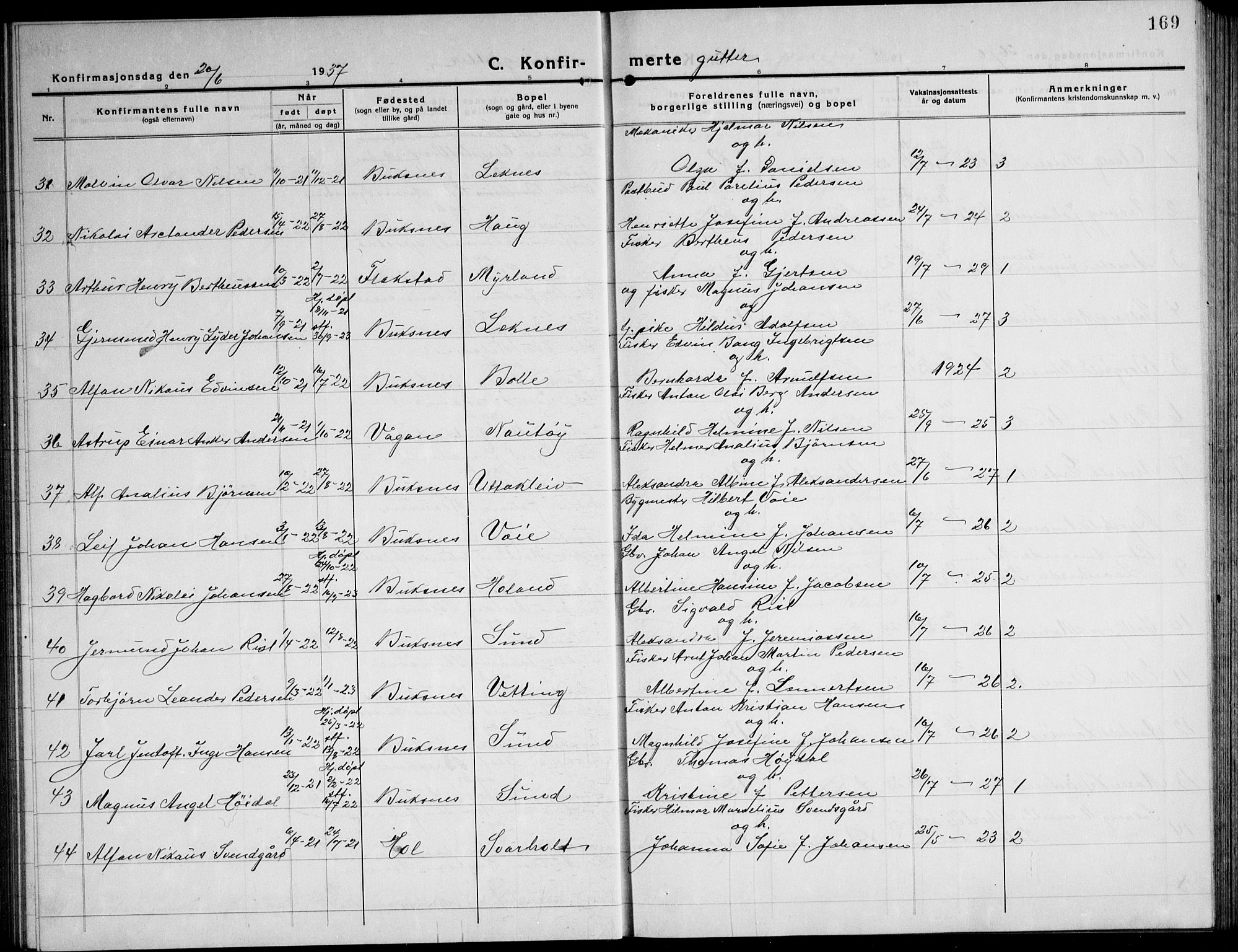 Ministerialprotokoller, klokkerbøker og fødselsregistre - Nordland, AV/SAT-A-1459/881/L1170: Parish register (copy) no. 881C07, 1930-1943, p. 169