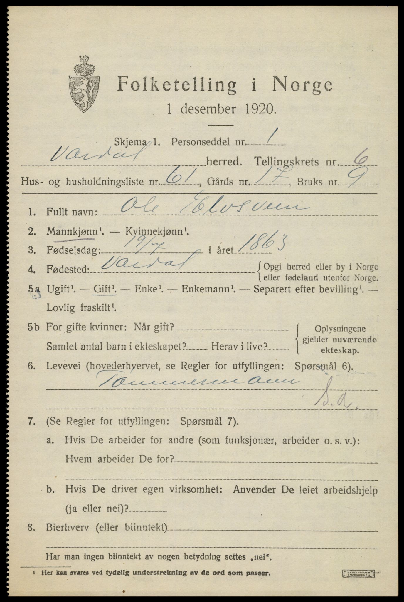 SAH, 1920 census for Vardal, 1920, p. 4567