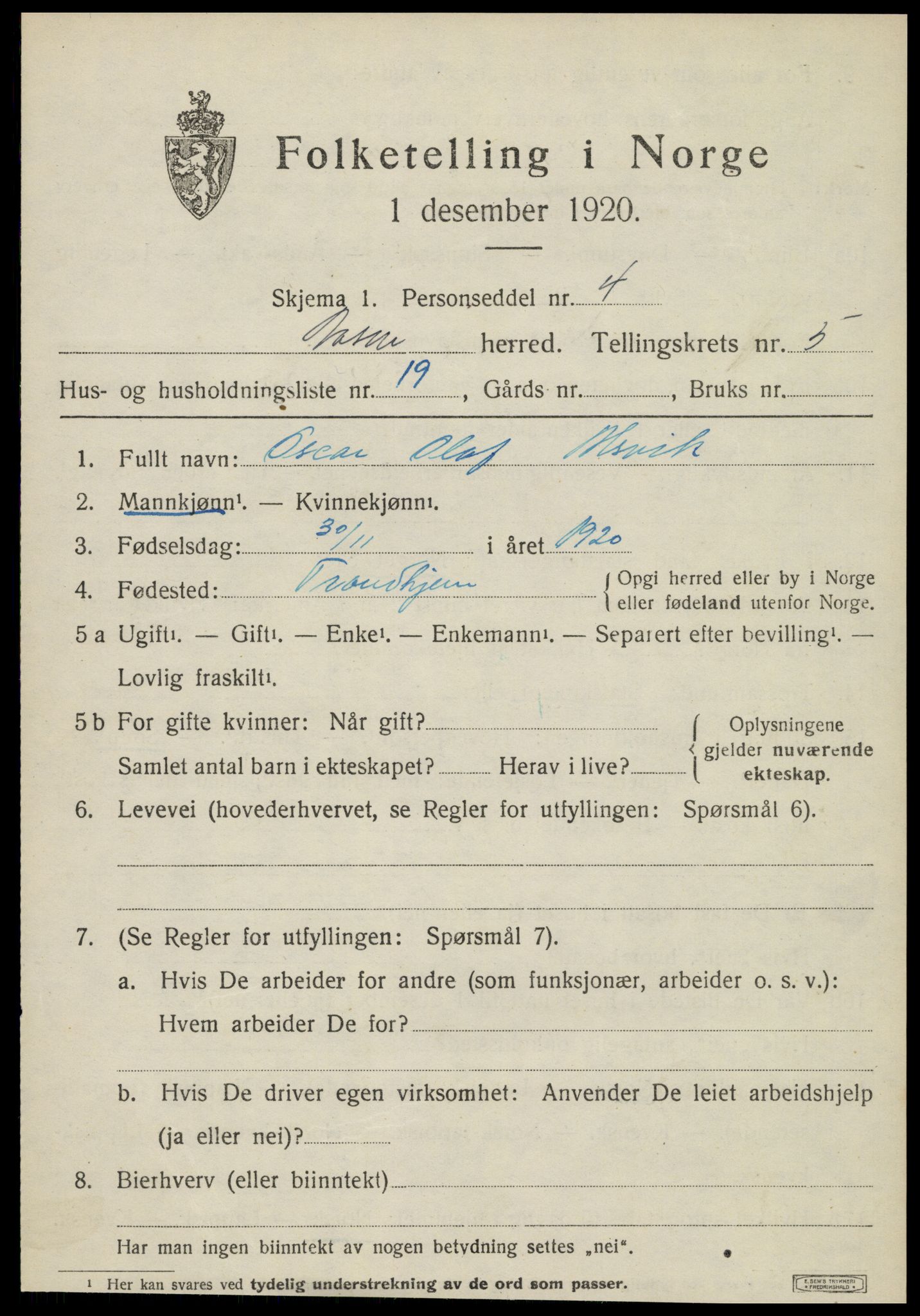 SAT, 1920 census for Åsen, 1920, p. 4250