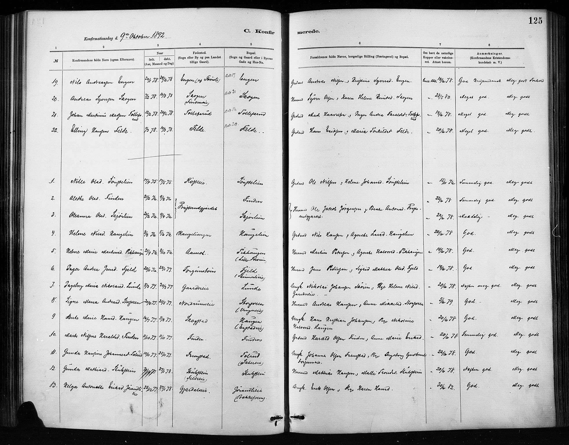 Nordre Land prestekontor, SAH/PREST-124/H/Ha/Haa/L0004: Parish register (official) no. 4, 1882-1896, p. 125