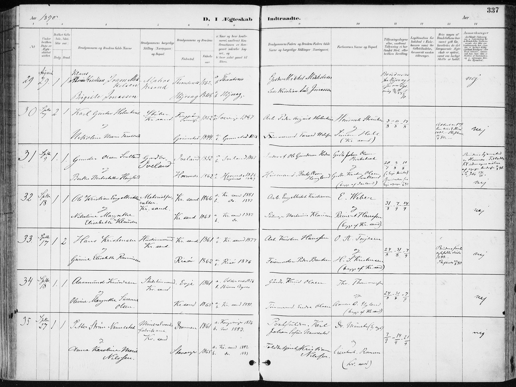 Kristiansand domprosti, SAK/1112-0006/F/Fa/L0019: Parish register (official) no. A 18, 1890-1897, p. 337