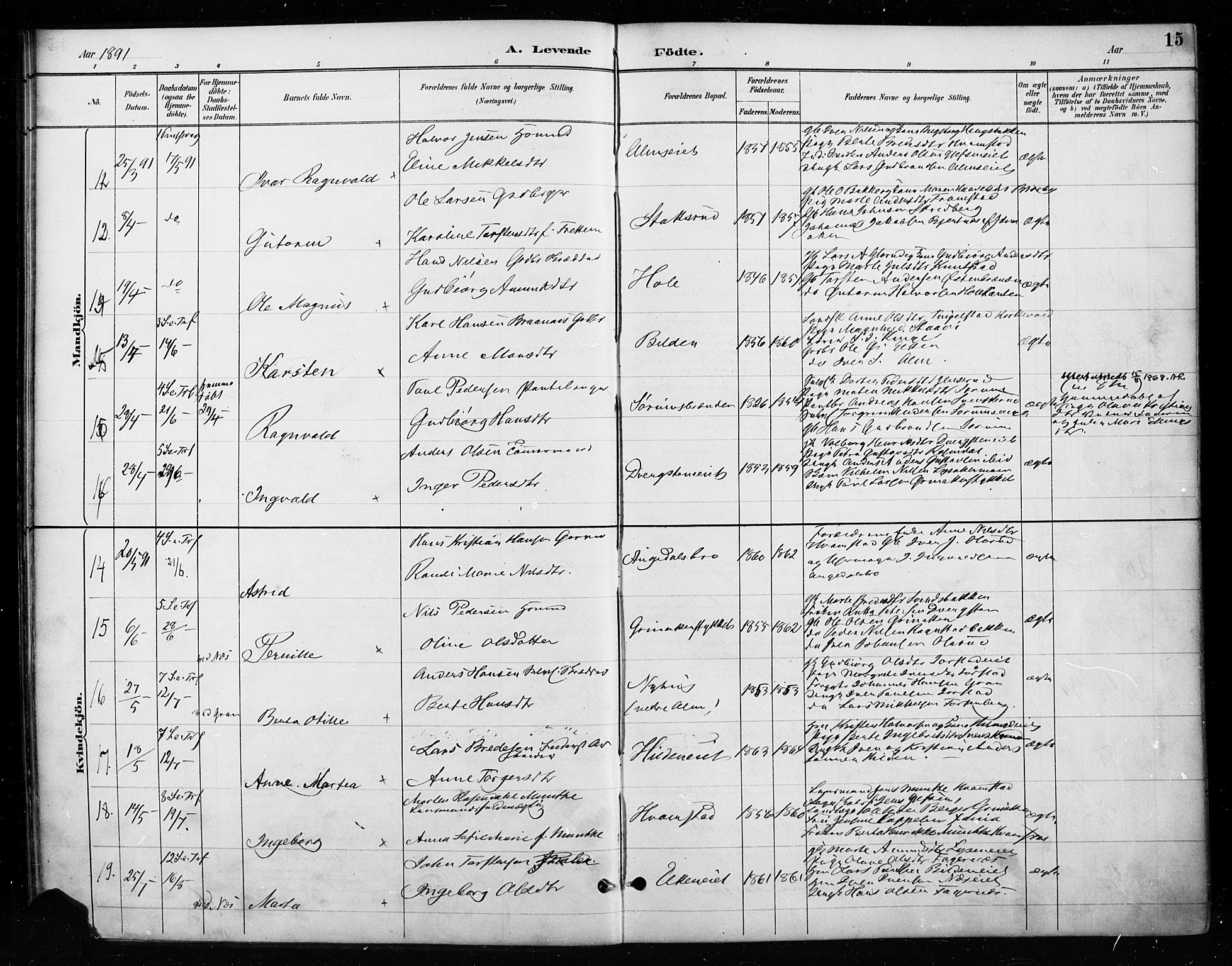 Gran prestekontor, AV/SAH-PREST-112/H/Ha/Haa/L0018: Parish register (official) no. 18, 1889-1899, p. 15