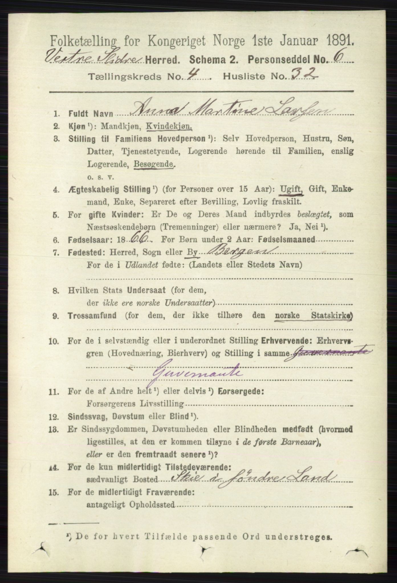 RA, 1891 census for 0543 Vestre Slidre, 1891, p. 1442