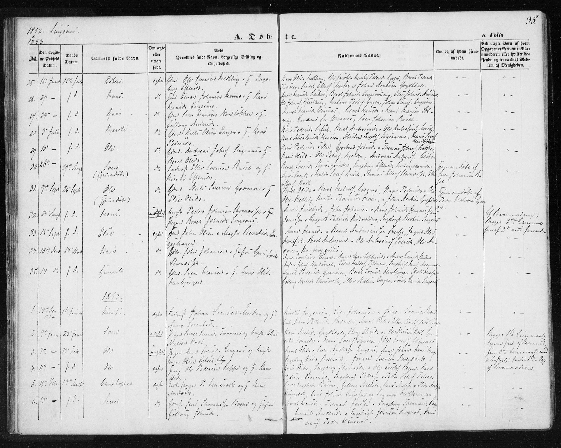 Ministerialprotokoller, klokkerbøker og fødselsregistre - Sør-Trøndelag, SAT/A-1456/685/L0964: Parish register (official) no. 685A06 /2, 1846-1859, p. 35