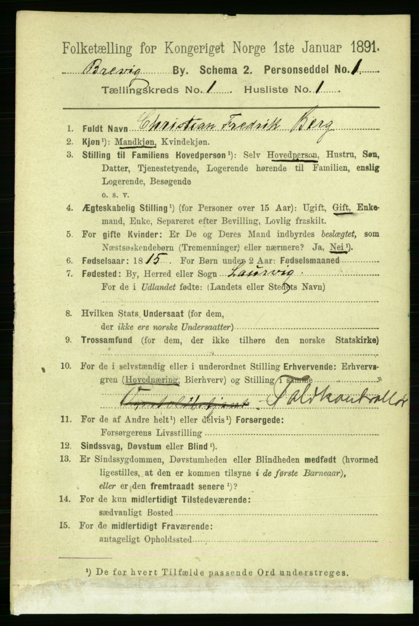 RA, 1891 census for 0804 Brevik, 1891, p. 808